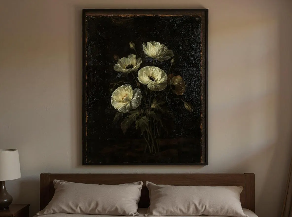 Dark Poppy Wall Art | Moody White Floral Oil Painting Print | Vintage Botanical Home Decor | Instant Digital Download - image 5