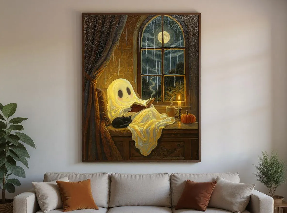 Cozy Ghost Reading Print | Cute Halloween Wall Art | Ghost and Black Cat Poster | Moody Autumn Digital Download - image 4