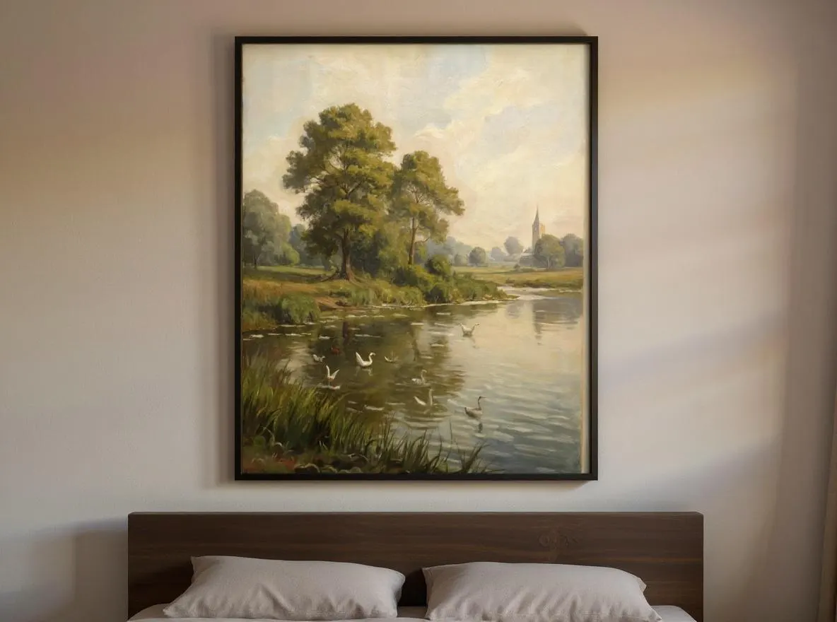 Vintage River Landscape Art | Swans & Ducks Oil Painting Print | Country Pastoral Wall Decor | Antique Nature Printable Download - image 2