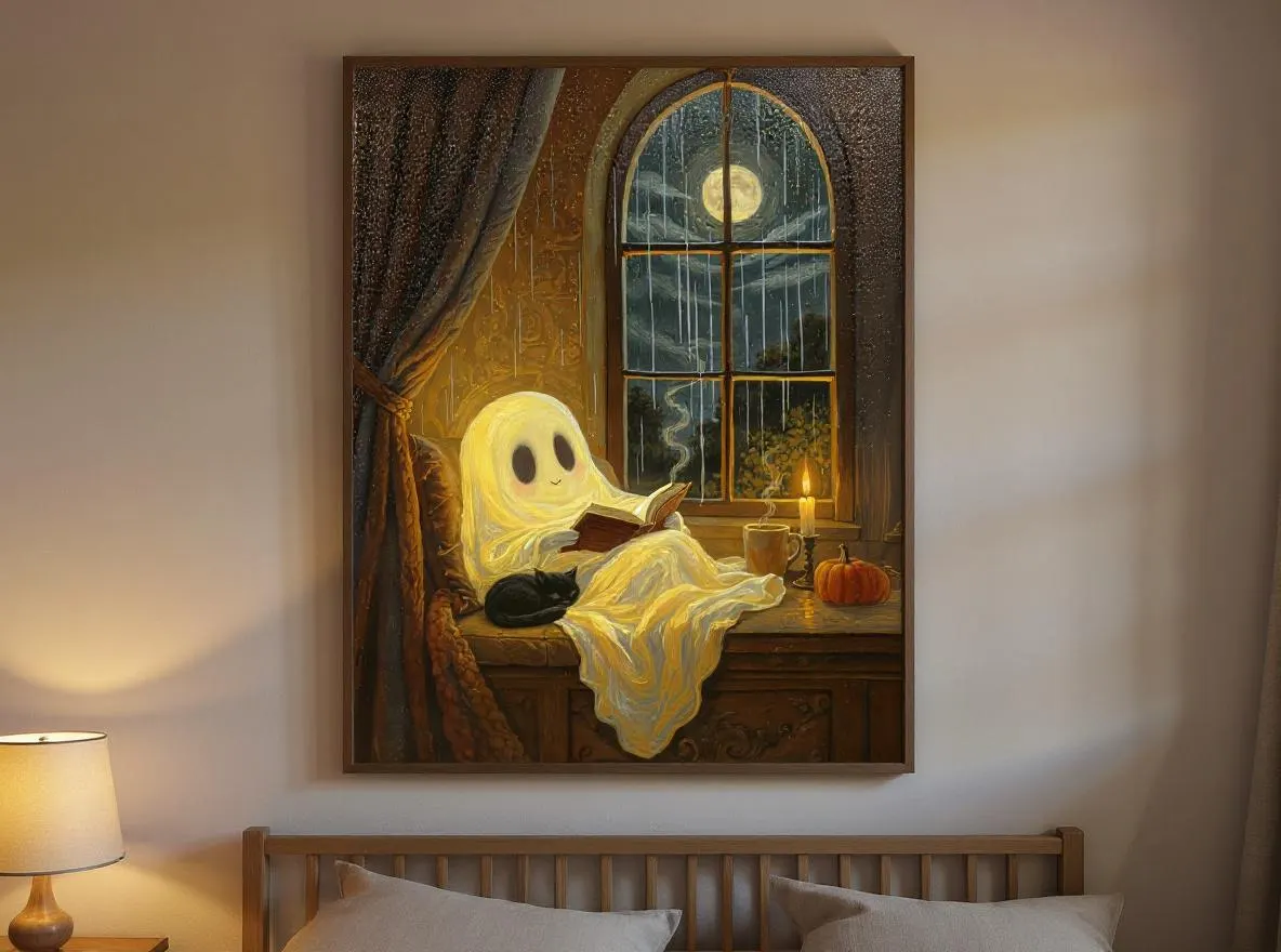 Cozy Ghost Reading Print | Cute Halloween Wall Art | Ghost and Black Cat Poster | Moody Autumn Digital Download - image 5