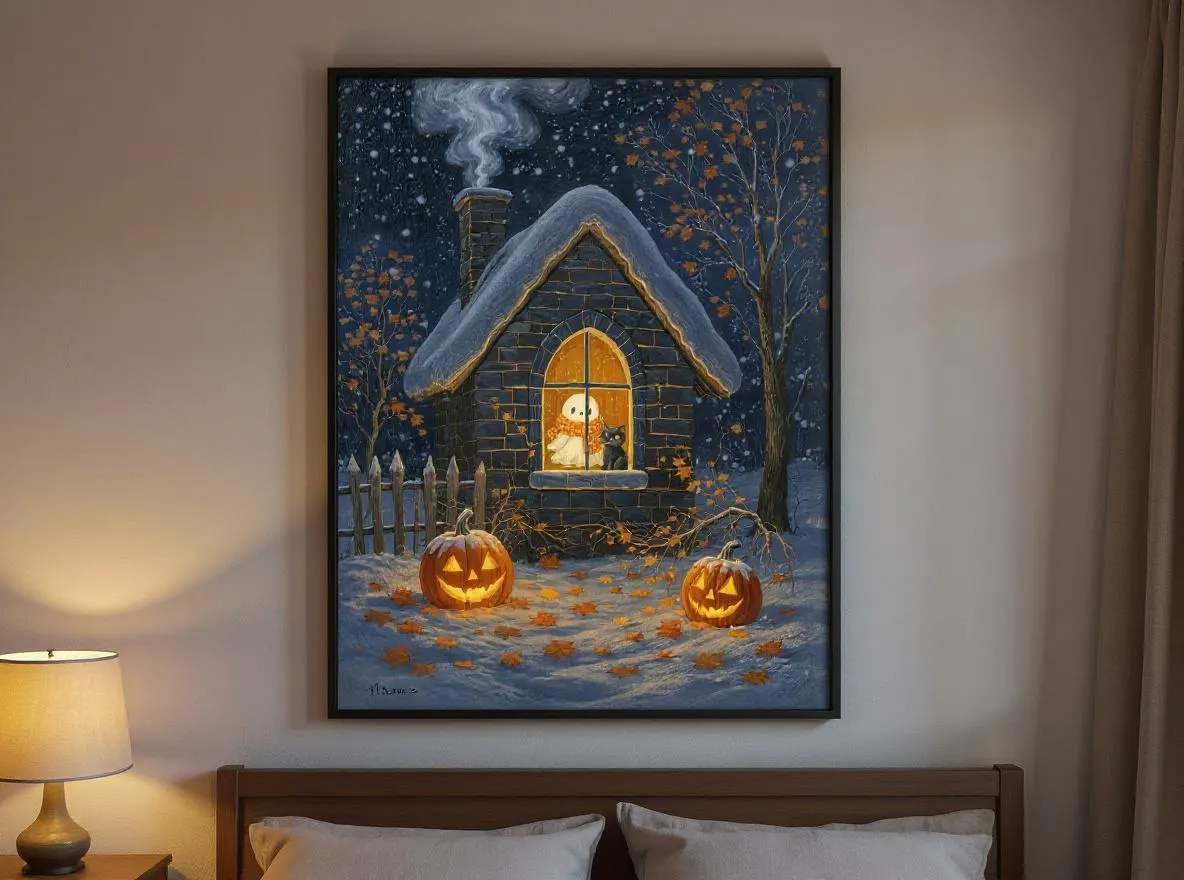 Cozy Ghost Cottage Print | Halloween Wall Art | Cute Black Cat & Jack-o-Lantern | Autumn Snow Night | Folk Art Digital Download - image 5