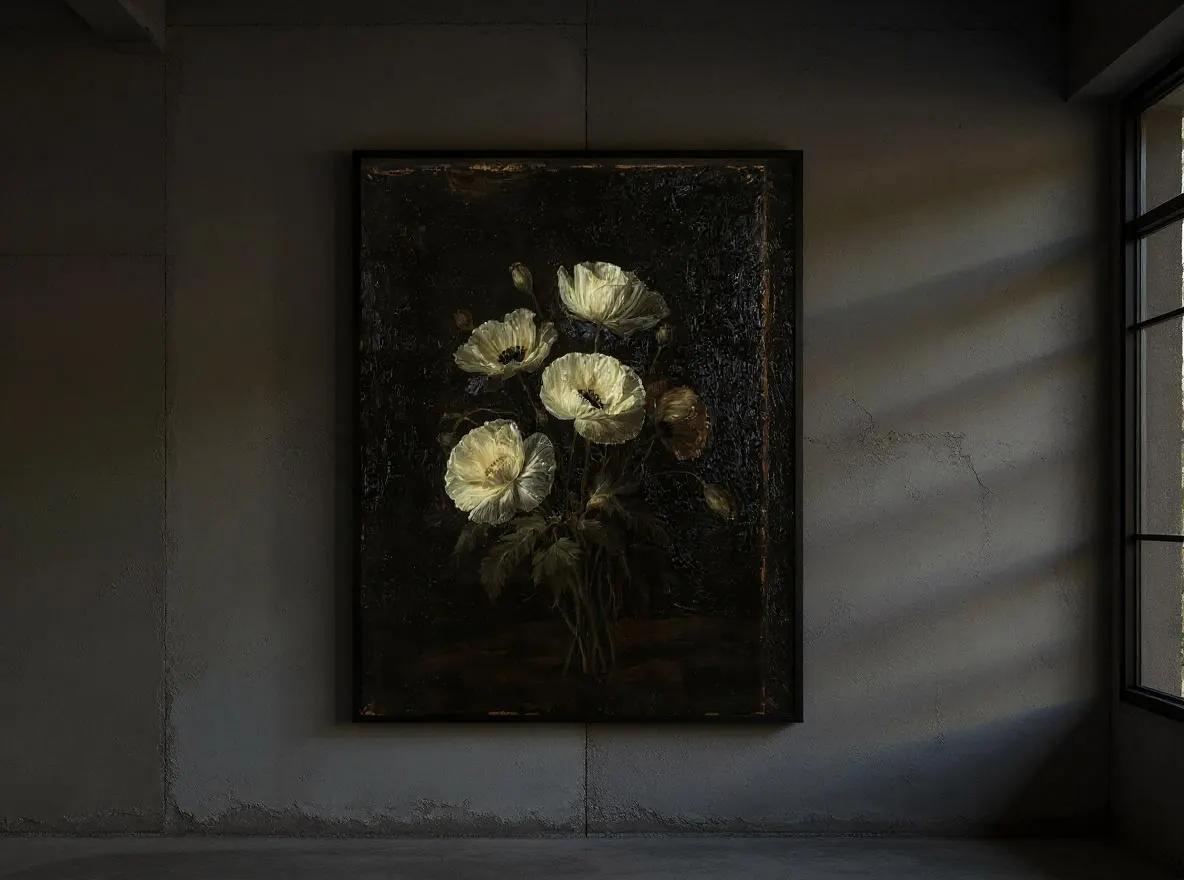 Dark Poppy Wall Art | Moody White Floral Oil Painting Print | Vintage Botanical Home Decor | Instant Digital Download - image 3