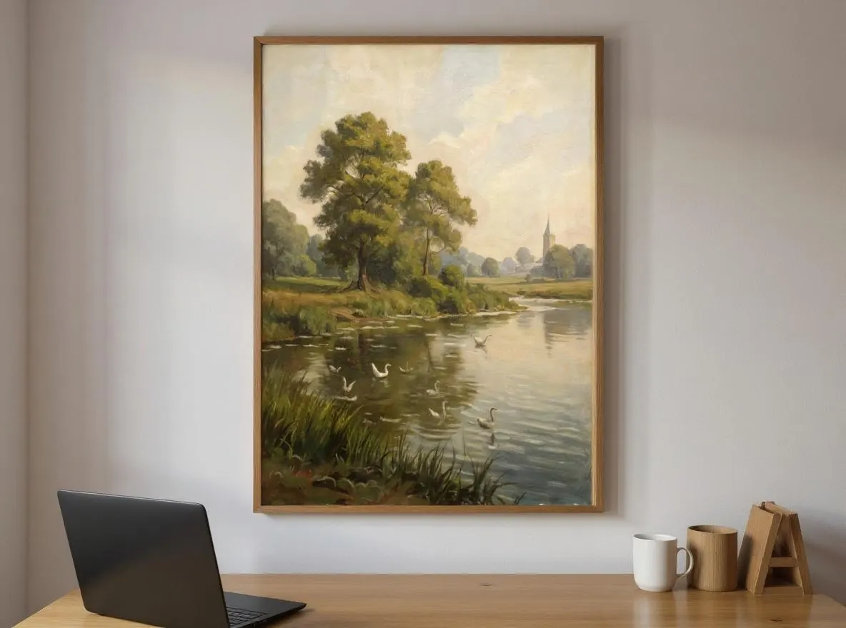 Vintage River Landscape Art | Swans & Ducks Oil Painting Print | Country Pastoral Wall Decor | Antique Nature Printable Download - image 3