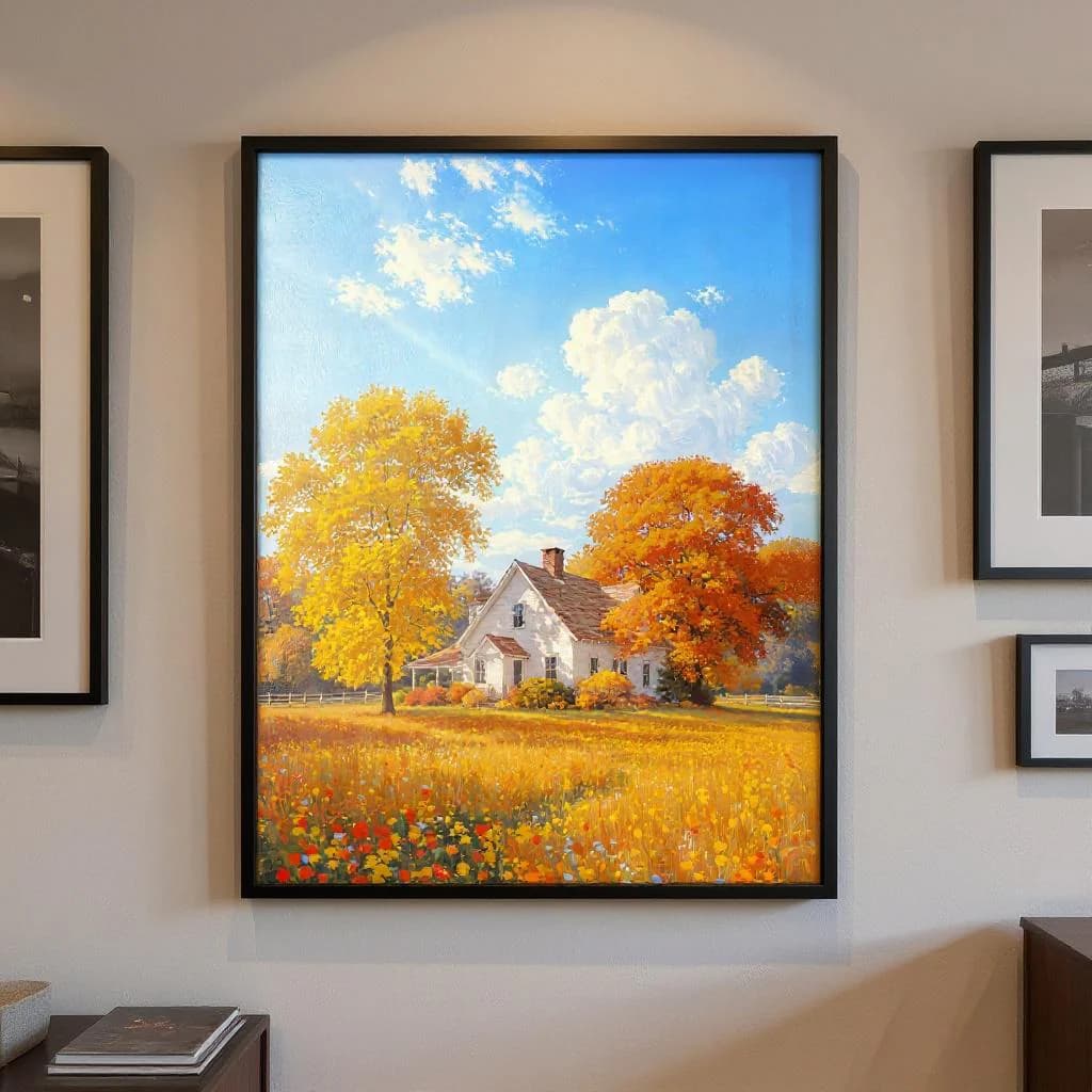 Autumn Farmhouse Wall Art | White Country House Printable | Fall Landscape Print | Impressionist Autumn Digital Download - image 5