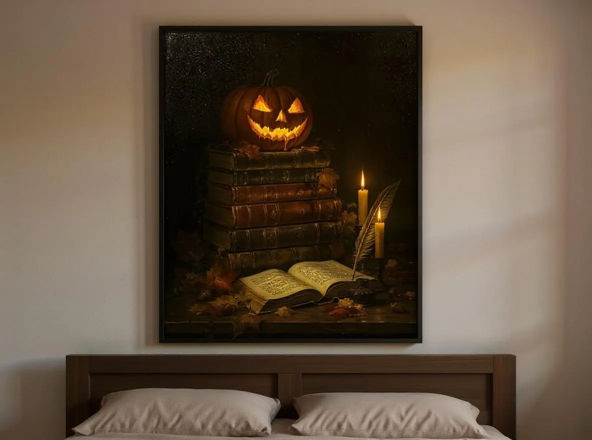 Dark Academia Halloween Print | Glowing Jack-o'-Lantern on Antique Books Wall Art | Gothic Autumn Decor | Instant Download - image 2