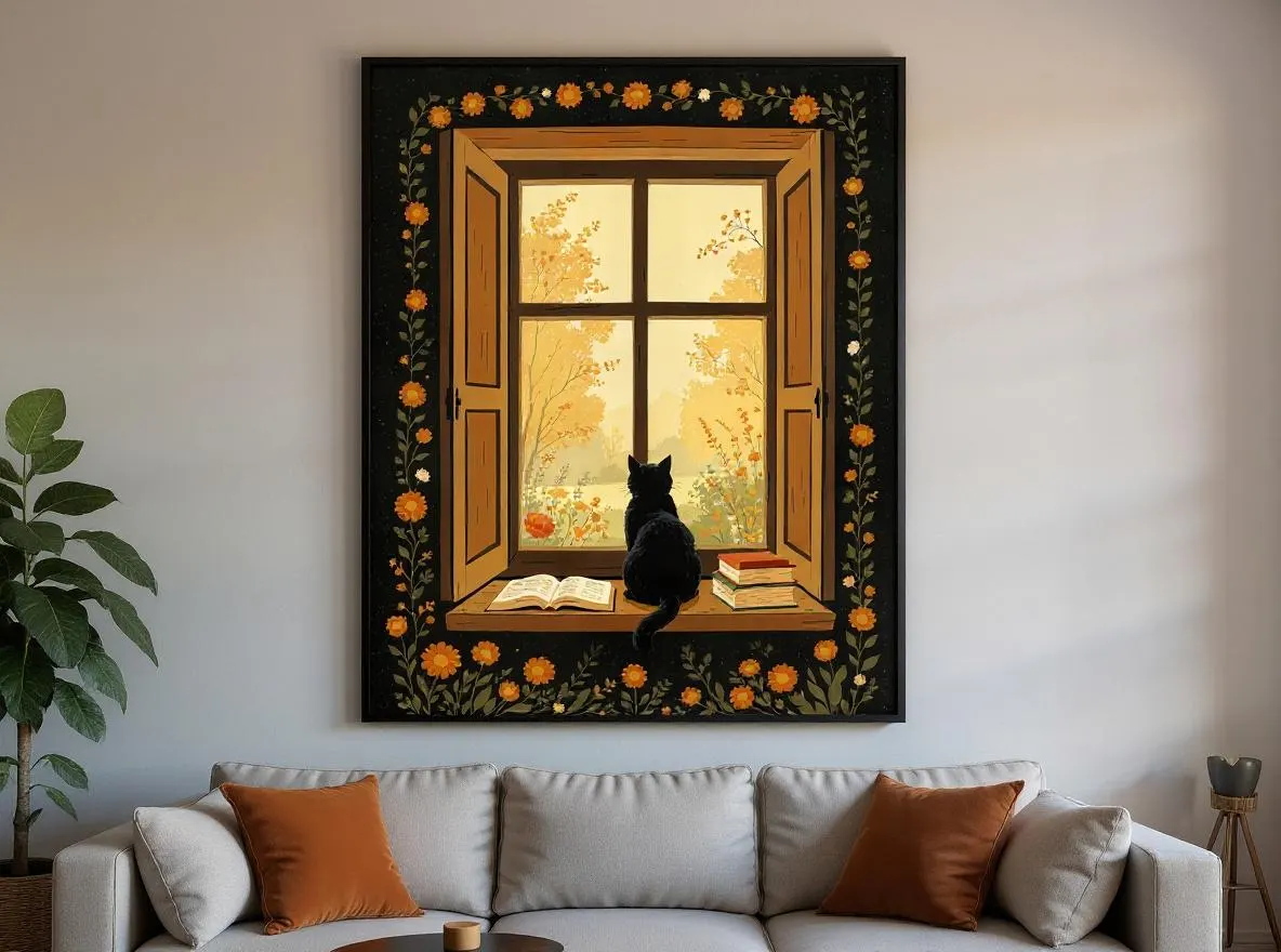 Black Cat Window Print | Cottagecore Bookish Wall Art | Autumn Folk Art Digital Download | Cozy Reading Nook Decor | Moody Cat Art - image 3