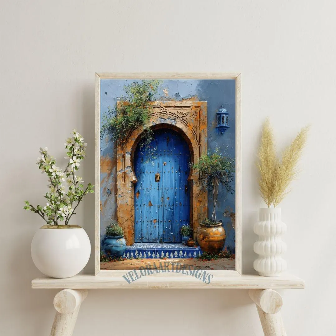 Moroccan Blue Door Print | Rustic Mediterranean Wall Art | Boho Travel Architecture Decor | Printable Neutral Digital Download