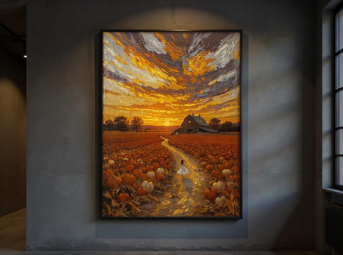 Pumpkin Patch Sunset Print | Impressionist Autumn Landscape Wall Art | Rustic Barn Fall Decor | Cottagecore Printable Digital Download - image 3