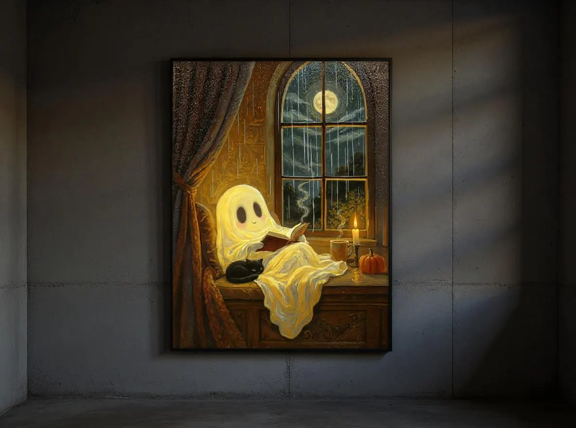 Cozy Ghost Reading Print | Cute Halloween Wall Art | Ghost and Black Cat Poster | Moody Autumn Digital Download - image 3