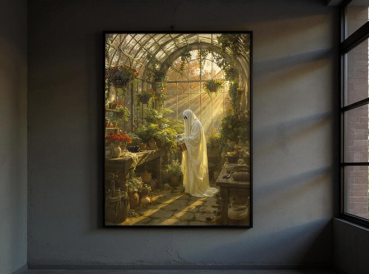 Ghost in Greenhouse Print | Cozy Autumn Wall Art | Cute Halloween Ghost Watering Plants | Whimsical Cottagecore Digital Download - image 3