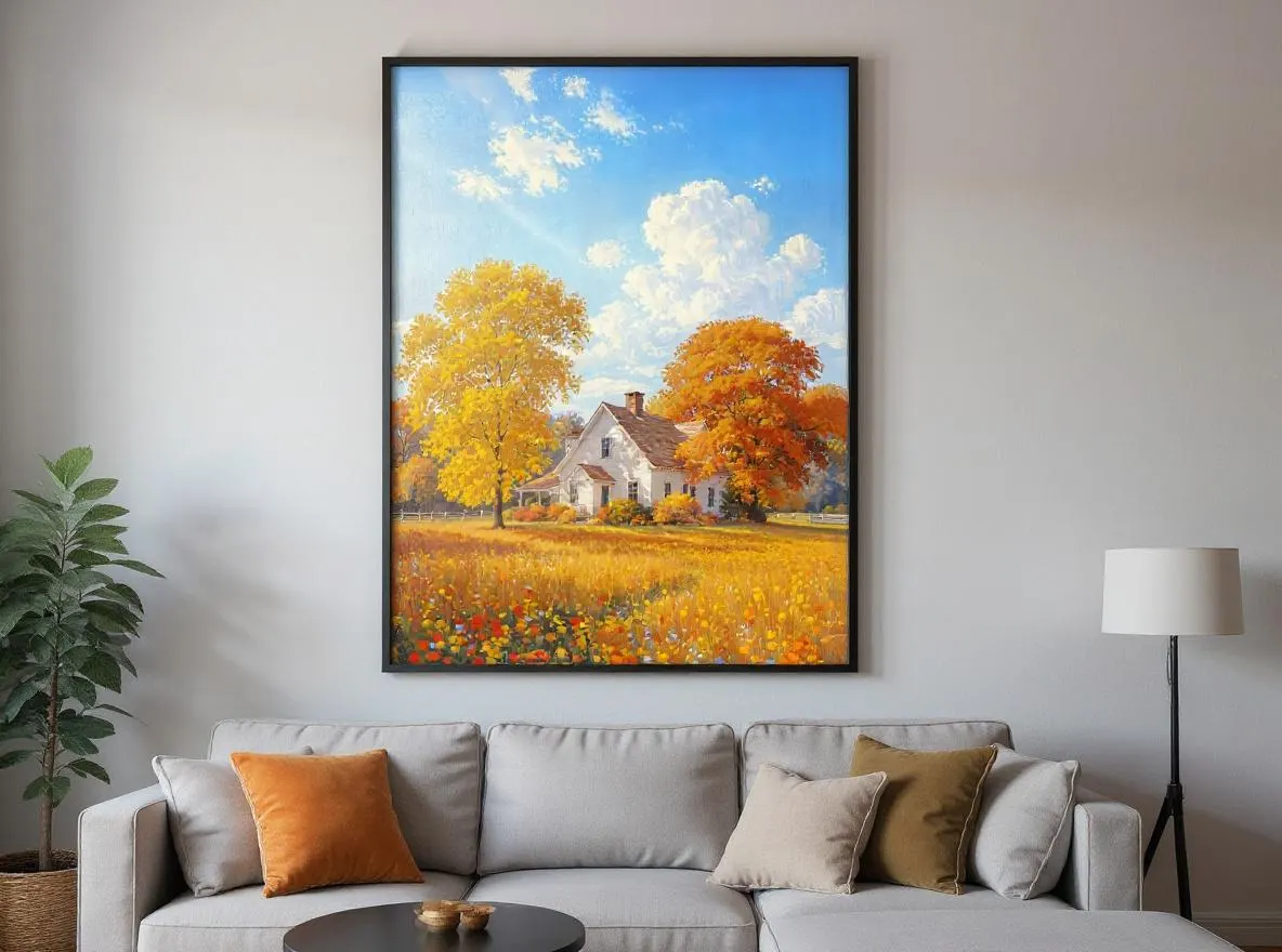 Autumn Farmhouse Wall Art | White Country House Printable | Fall Landscape Print | Impressionist Autumn Digital Download - image 2