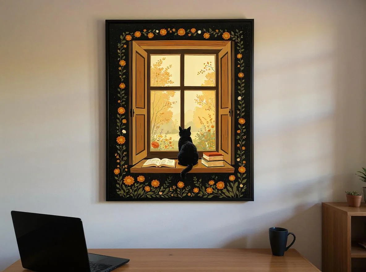 Black Cat Window Print | Cottagecore Bookish Wall Art | Autumn Folk Art Digital Download | Cozy Reading Nook Decor | Moody Cat Art - image 4