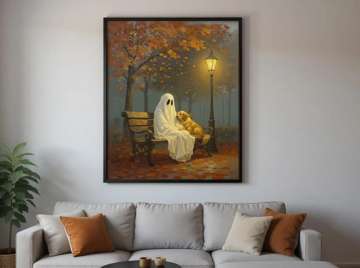 Ghost and Golden Retriever Art Print | Cozy Halloween Wall Decor | Whimsical Autumn Dog Lover Gift | Fall Digital Download - image 5