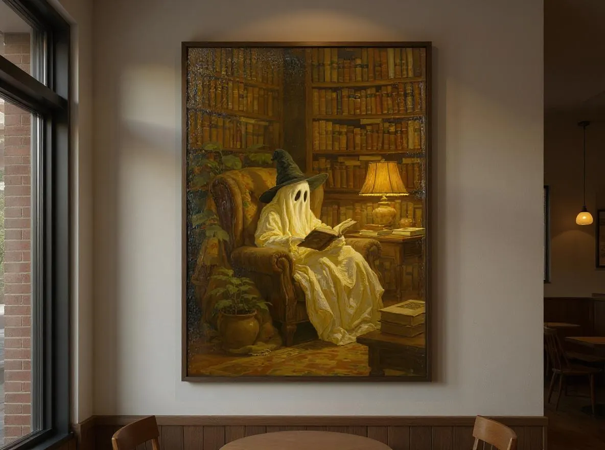Cozy Ghost Reading Print | Witch Hat Ghost Library Wall Art | Halloween Oil Painting | Bookish Digital Download - image 3