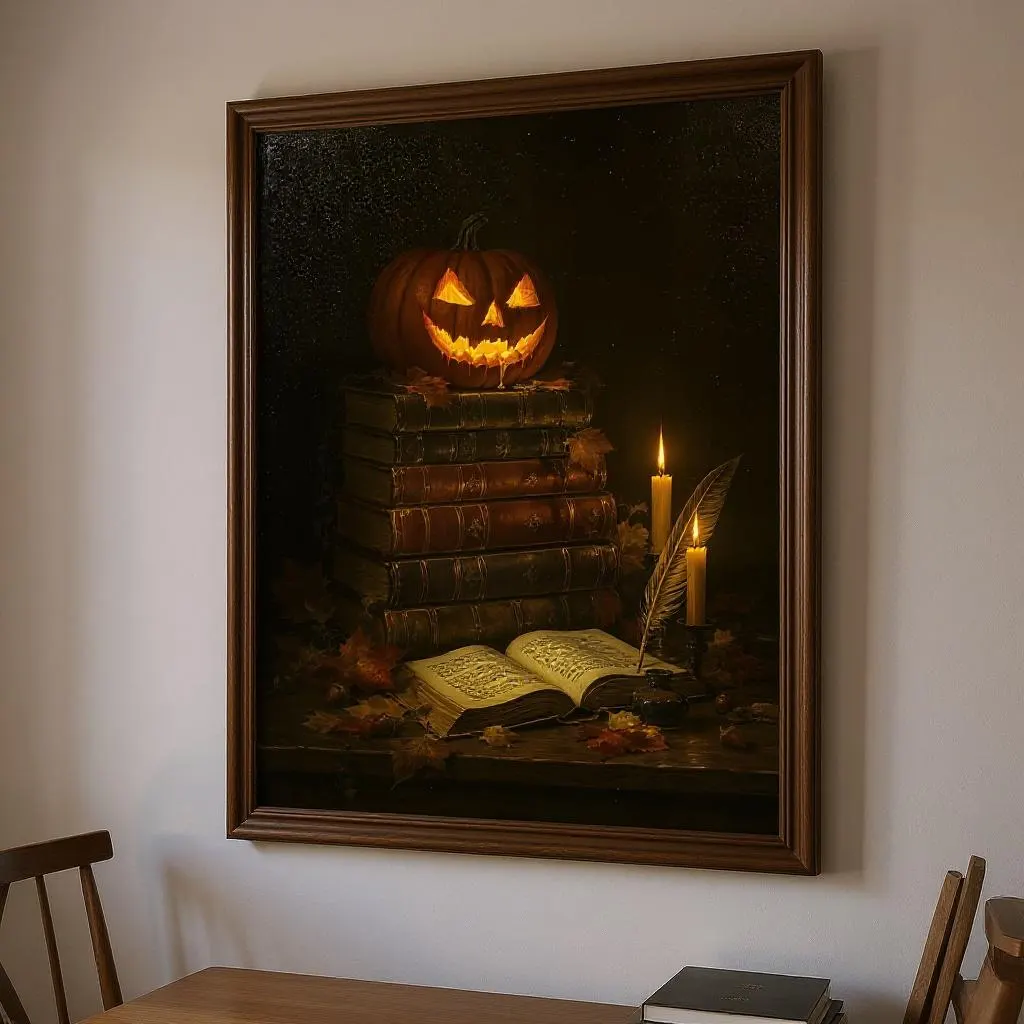 Dark Academia Halloween Print | Glowing Jack-o'-Lantern on Antique Books Wall Art | Gothic Autumn Decor | Instant Download - image 5