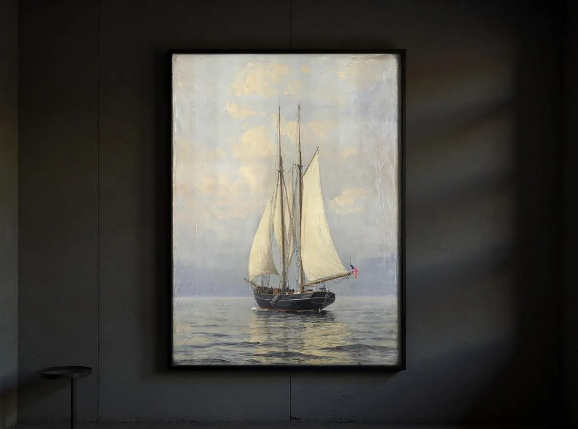 Schooner Sailboat Print | Nautical Wall Art | Classic Ship Painting | American Flag Sailing Boat | Coastal Digital Download - image 3