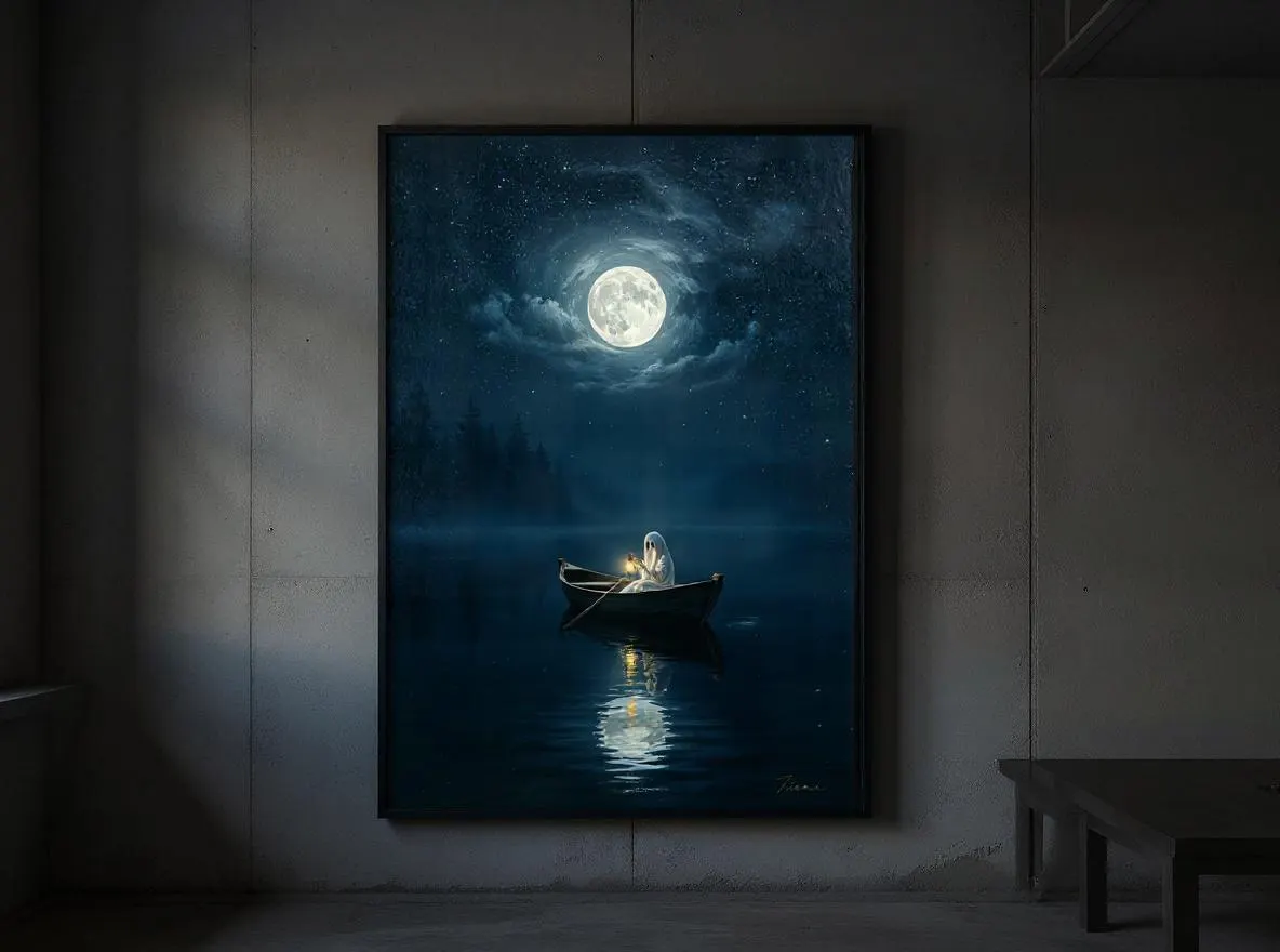 Ghost in Rowboat Print | Moonlit Lake Wall Art | Halloween Digital Download | Cute Ghost with Lantern | Spooky Night Printable - image 3