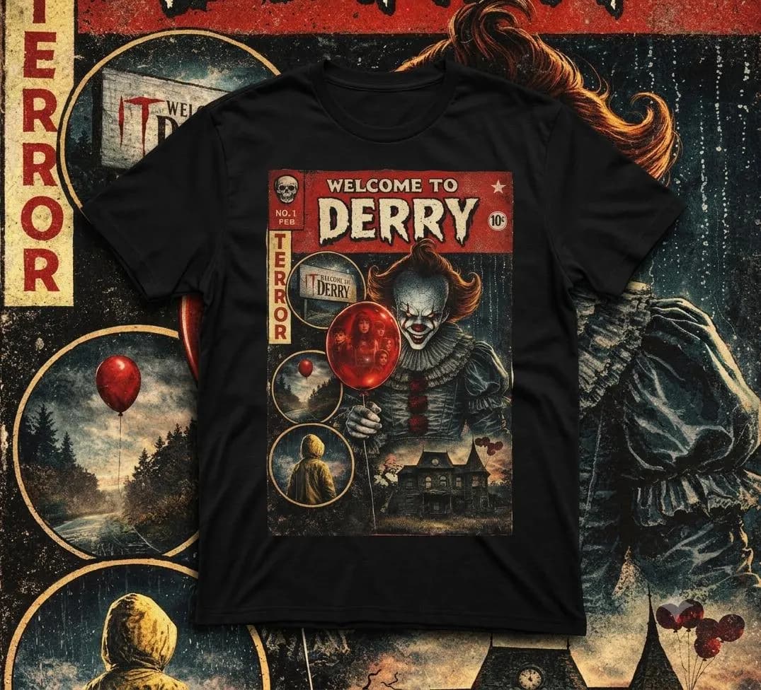Vintage Creepy Clown Horror T-Shirt - Welcome to Derry Movie Retro Comic Graphic Tee