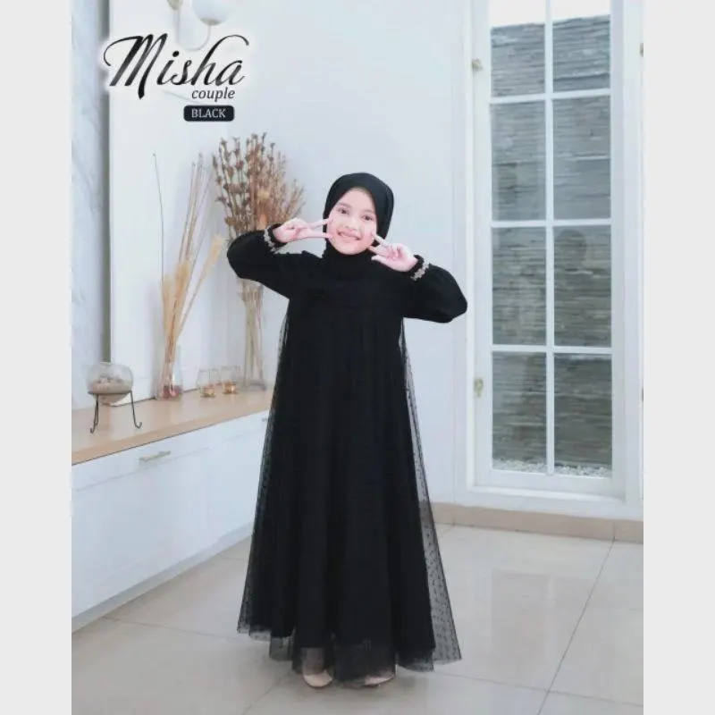 Misha Girls Black Maxi Dress – Shakila Fabric, Tulle Dot Accents, Elegant Party Abaya