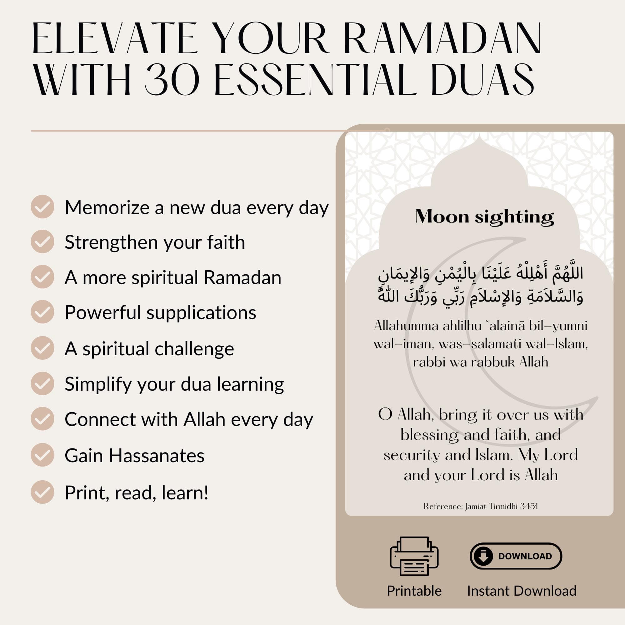Printable 30 Dua Flashcards for Ramadan, Eid, and everyday Islamic learning, featuring Arabic duas with English transliteration and translation; ideal for Muslim kids, adults, Ramadan decor, Eid gifts, spiritual growth activities, and digital Islamic downloads for home or classroom.
