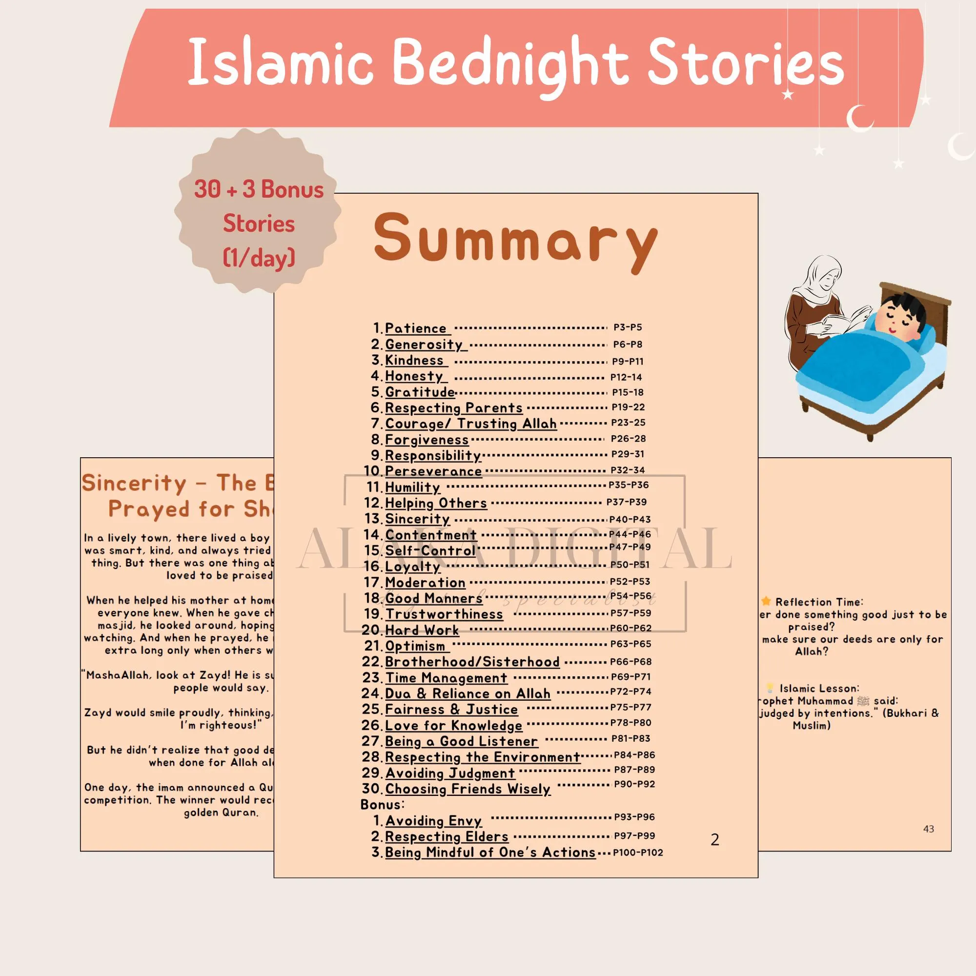 Summary page from The Muslim Kid’s Storybook featuring 30 inspiring Islamic bedtime stories for Muslim children. Teaches values like patience, generosity, honesty, courage, respect for parents, and trust in Allah. Includes bonus stories and reflection times to strengthen faith and character. Perfect educational gift for Ramadan, Eid, and Islamic occasions. Printable by Alaka Digital. Daily Islamic learning to nurture strong Muslim values in kids