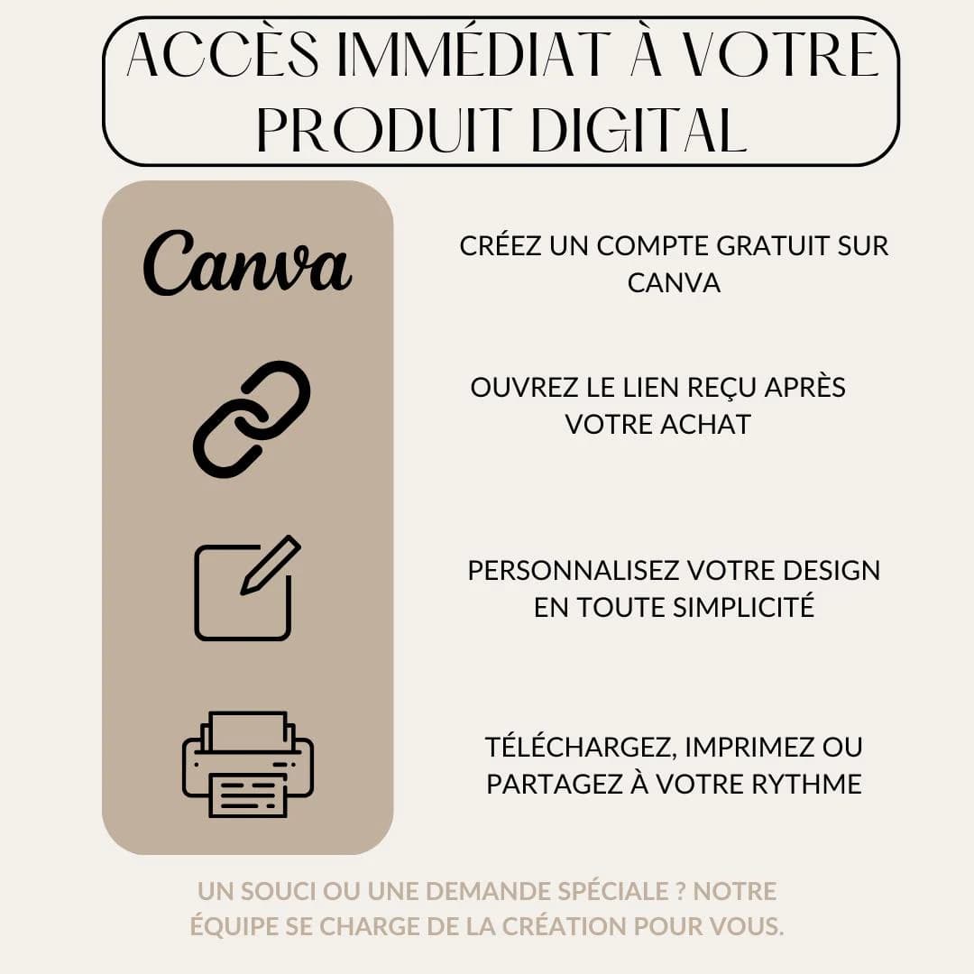 Instructions for immediate access to a customizable Omrah digital boarding pass using Canva. Create a free Canva account, open the received link after purchase, personalize the design, and download or print at your own pace. Perfect Muslim gift, Eid Umrah gift, Umrah Mubarak gift, Hajj Umrah gift, Islamic printable, and Umrah announcement. Easy-to-edit digital product, ideal for Islamic celebrations.
