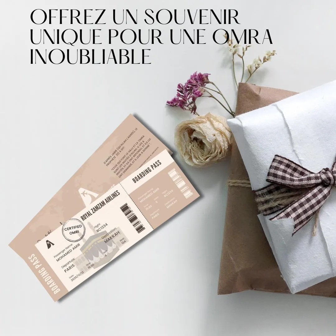 Customizable Omrah boarding pass displayed with a beautifully wrapped gift, perfect as a unique Umrah Mubarak souvenir. Ideal Muslim gift, Eid Umrah gift, Hajj Umrah gift, Islamic printable, Umrah announcement card, Umrah keepsake, and Islamic Eid gift. Personalizable digital download, ready to print or send for pilgrimage celebrations. Perfect for creating unforgettable Umrah memories.
