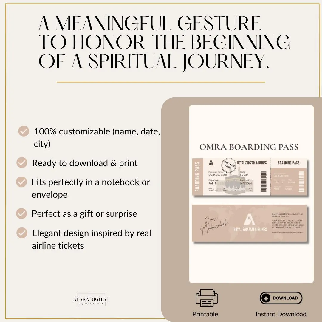 Custom Umrah boarding pass digital download – a unique Islamic gift to celebrate Umrah. Fully editable PDF with name, date, and city. Instant download, printable keepsake for Muslim family or friends. Thoughtful spiritual gift, perfect for notebooks, gift envelopes, or Eid surprises. Elegant ticket-style design, ideal for Umrah announcement or congratulatory gesture. Suitable for Islamic milestones and Hajj preparation.