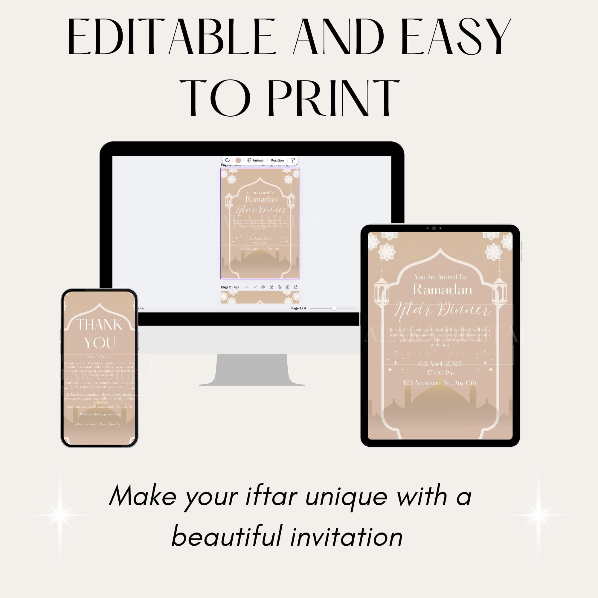 Editable Ramadan Iftar Dinner Invitation Template shown on phone, tablet, and desktop for easy customization and printing. Elegant Islamic invite design for Ramadan events, Iftar parties, and gatherings. Includes bonus guest thank you card. Perfect for Muslim celebrations, printable and digital format. Customize your text online and create a beautiful, personalized Ramadan invitation instantly.