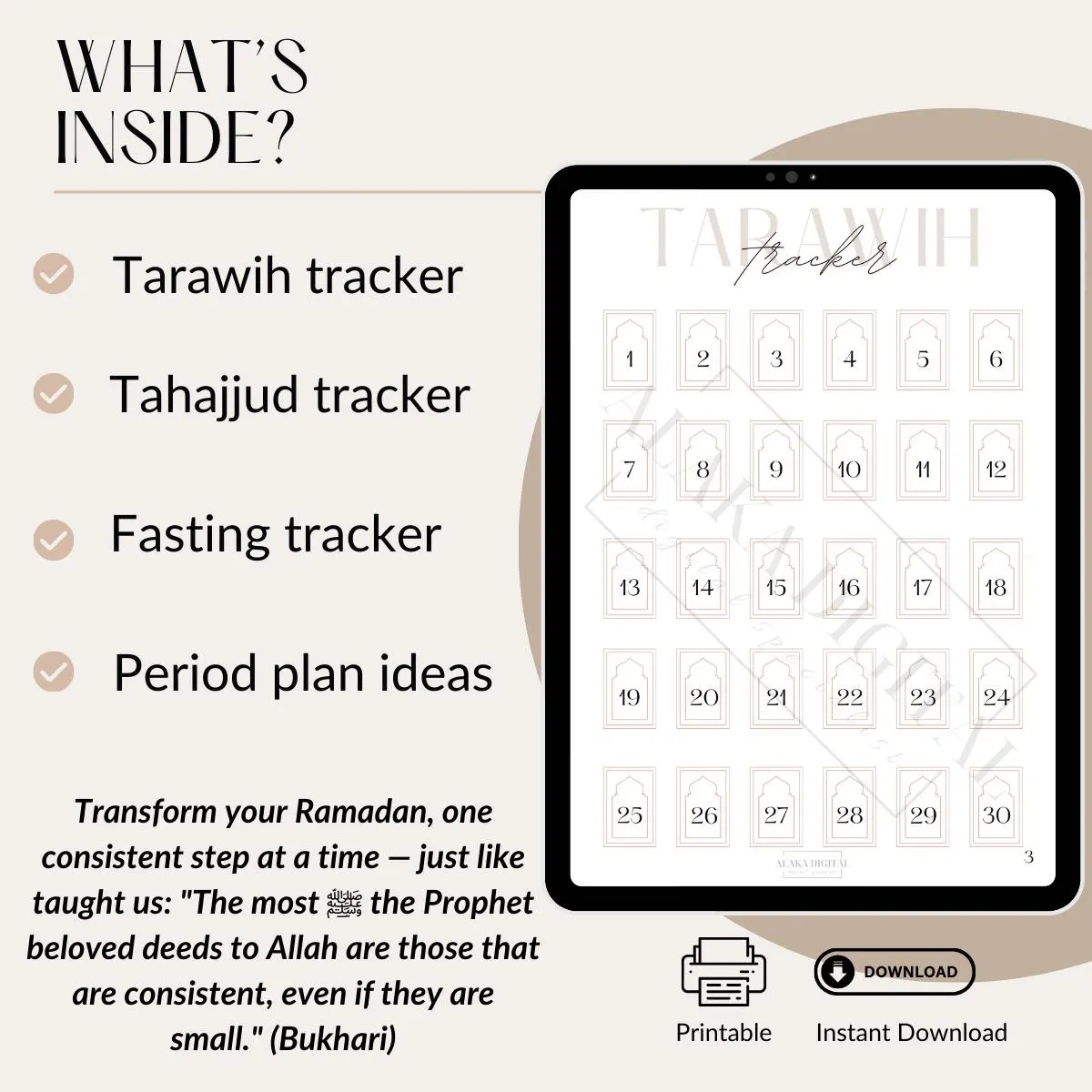 Elevate your Ramadan with this Digital Ibadah Tracker – includes Tarawih, Tahajjud, and Fasting trackers plus Period Plan Ideas. Perfect for Muslim women to stay consistent, reflect, and grow spiritually throughout the holy month. Printable, reusable, and instantly downloadable – a must-have for an organized Ramadan routine!