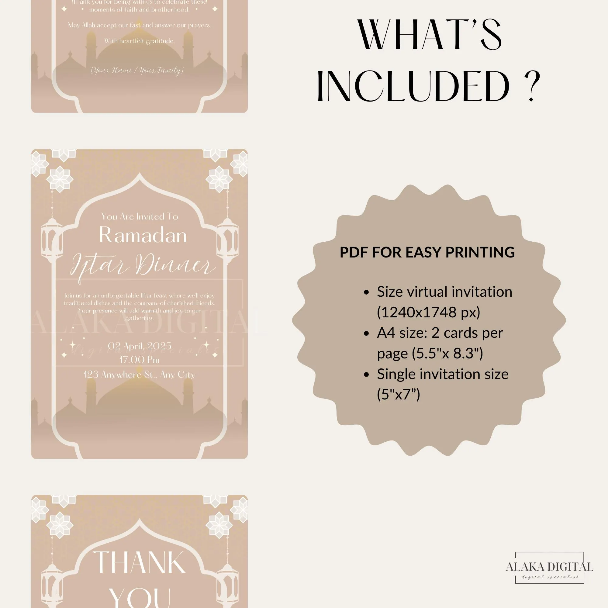 Ramadan Iftar dinner invitation set with thank you card, printable Islamic event decor, beige mosque design, includes A4 PDF format and 5x7 inch card size.