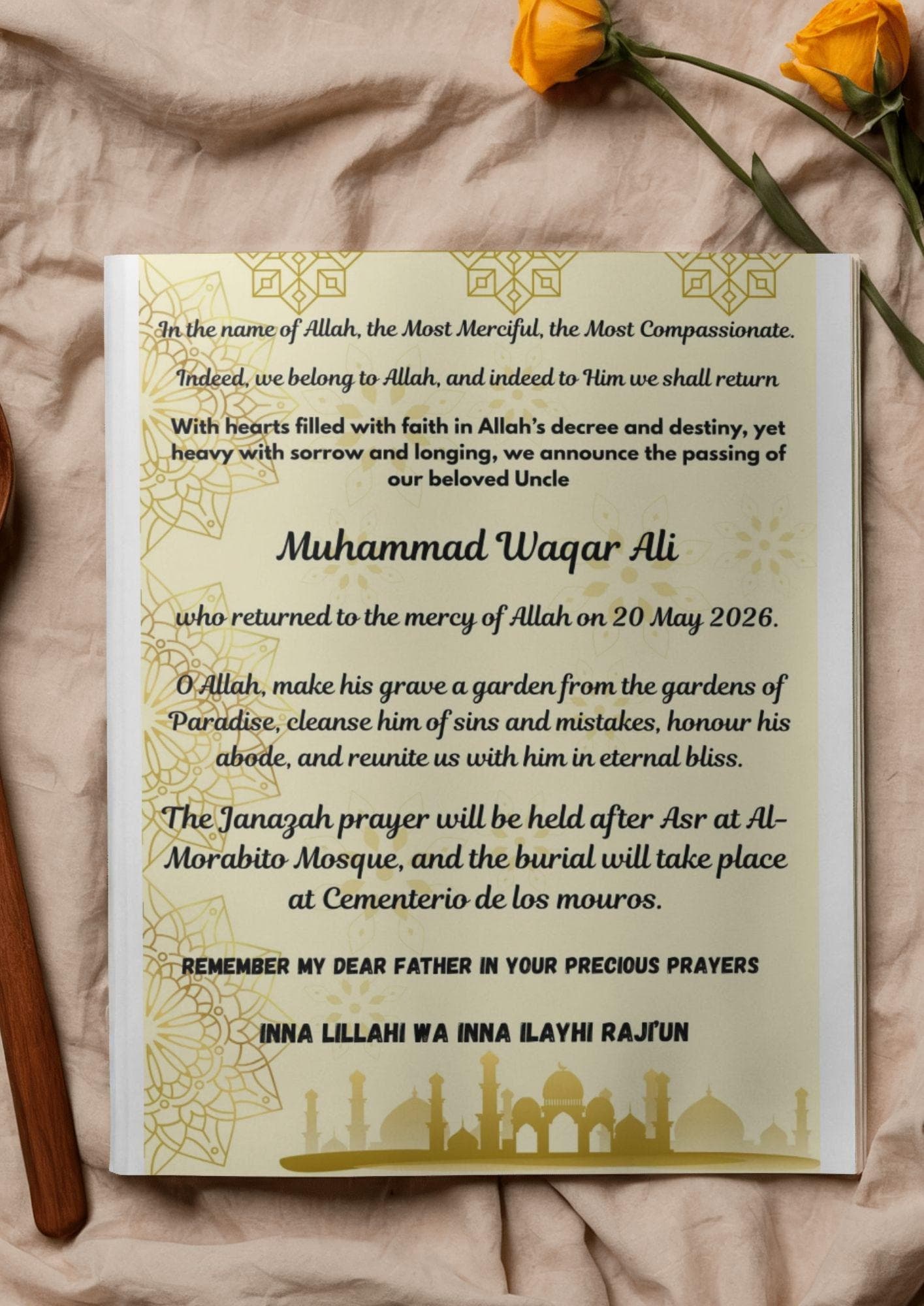 Inna Lillahi — Muslim Memorial Card Template | Namaz e Janazah | Printable & Digital  | Canva Editable Card - image 4