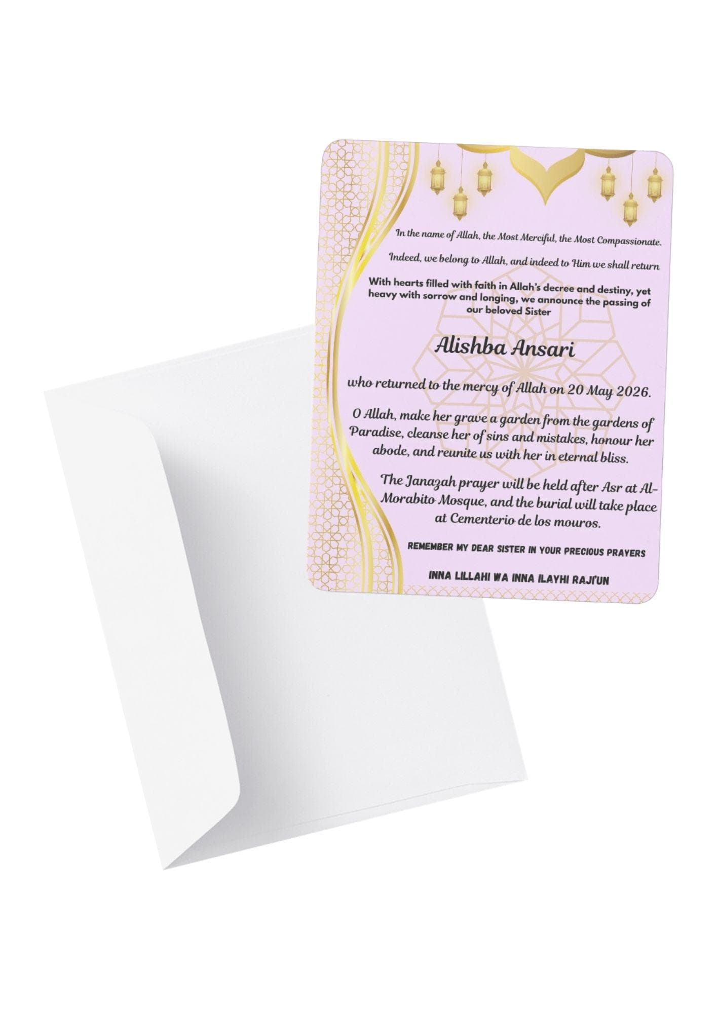 Islamic Sister Memorial Card Template | Editable Funeral Announcement (Instant Download) - image 5