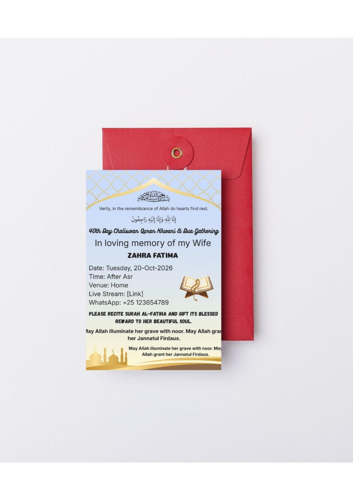 Islamic Chaliswan Card | Muslim 40th Day Dua | Editable Canva | Instant Download