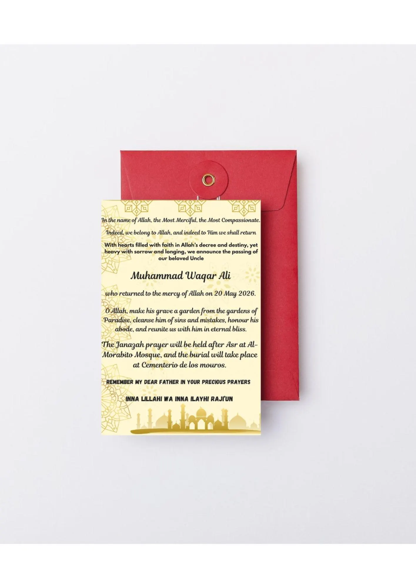 Inna Lillahi — Muslim Memorial Card Template | Namaz e Janazah | Printable & Digital  | Canva Editable Card - image 3