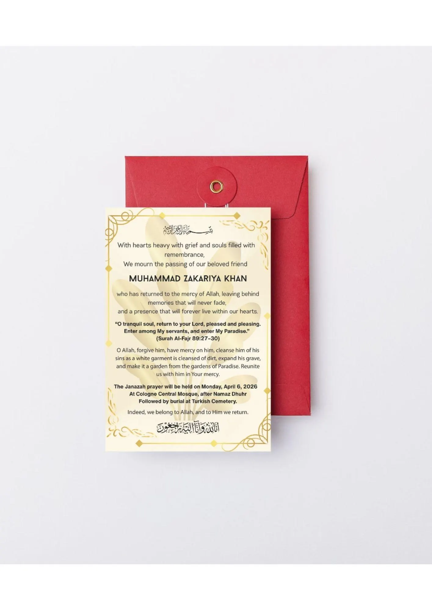 Beloved Friend Funeral Invitation | Islamic Janazah Card Template | Editable Canva Invite | Printable Memorial Design - image 4
