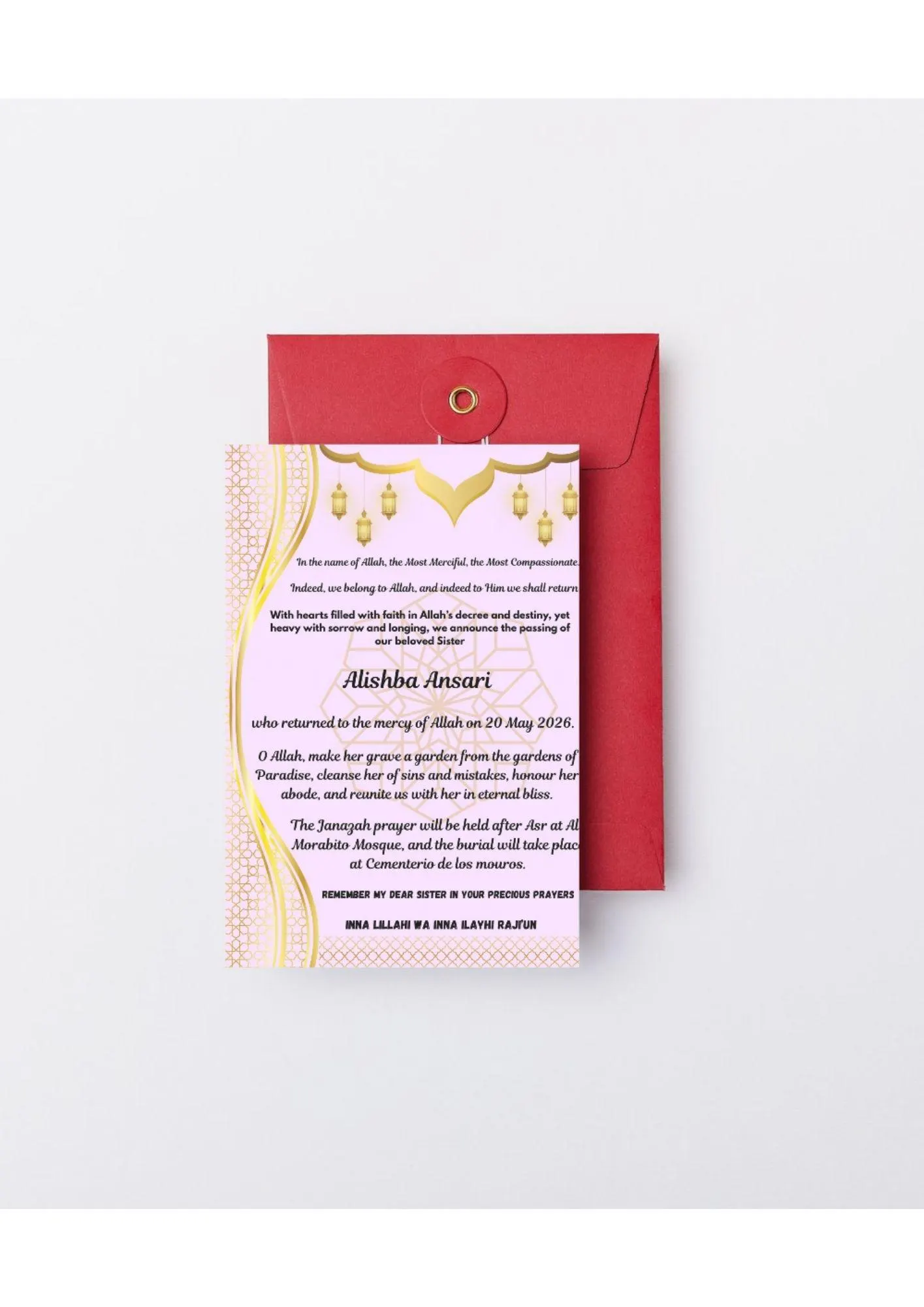 Islamic Sister Memorial Card Template | Editable Funeral Announcement (Instant Download) - image 3
