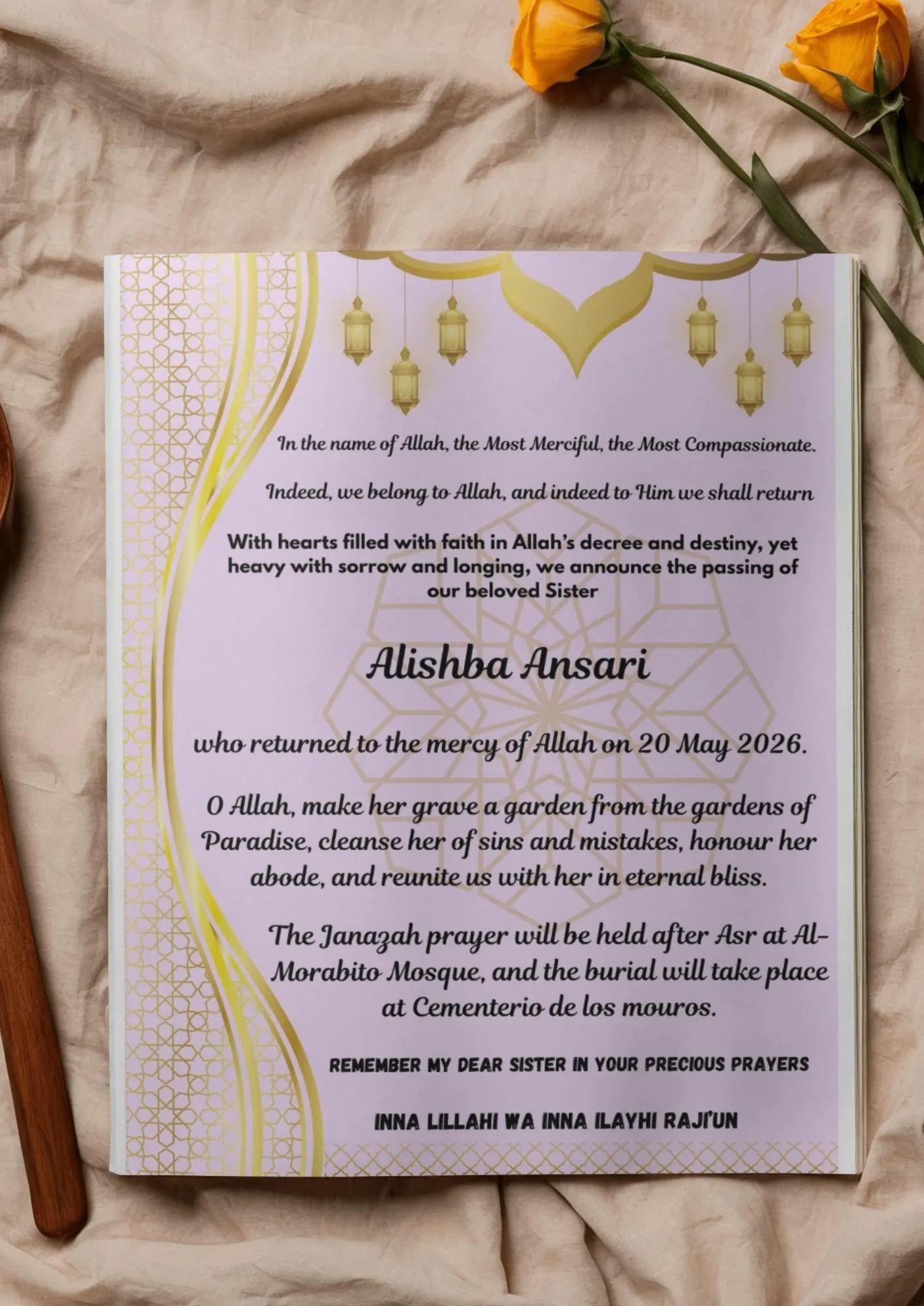 Islamic Sister Memorial Card Template | Editable Funeral Announcement (Instant Download) - image 4