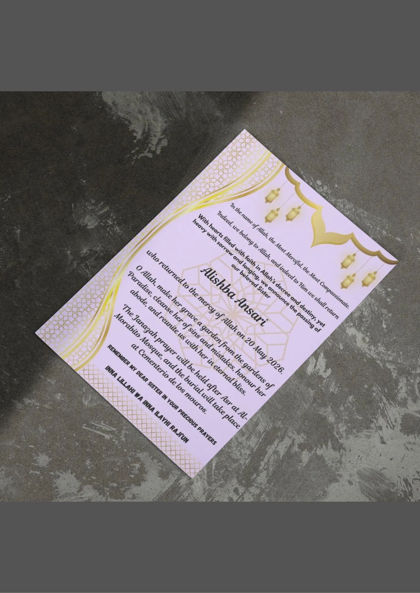 Islamic Sister Memorial Card Template | Editable Funeral Announcement (Instant Download)