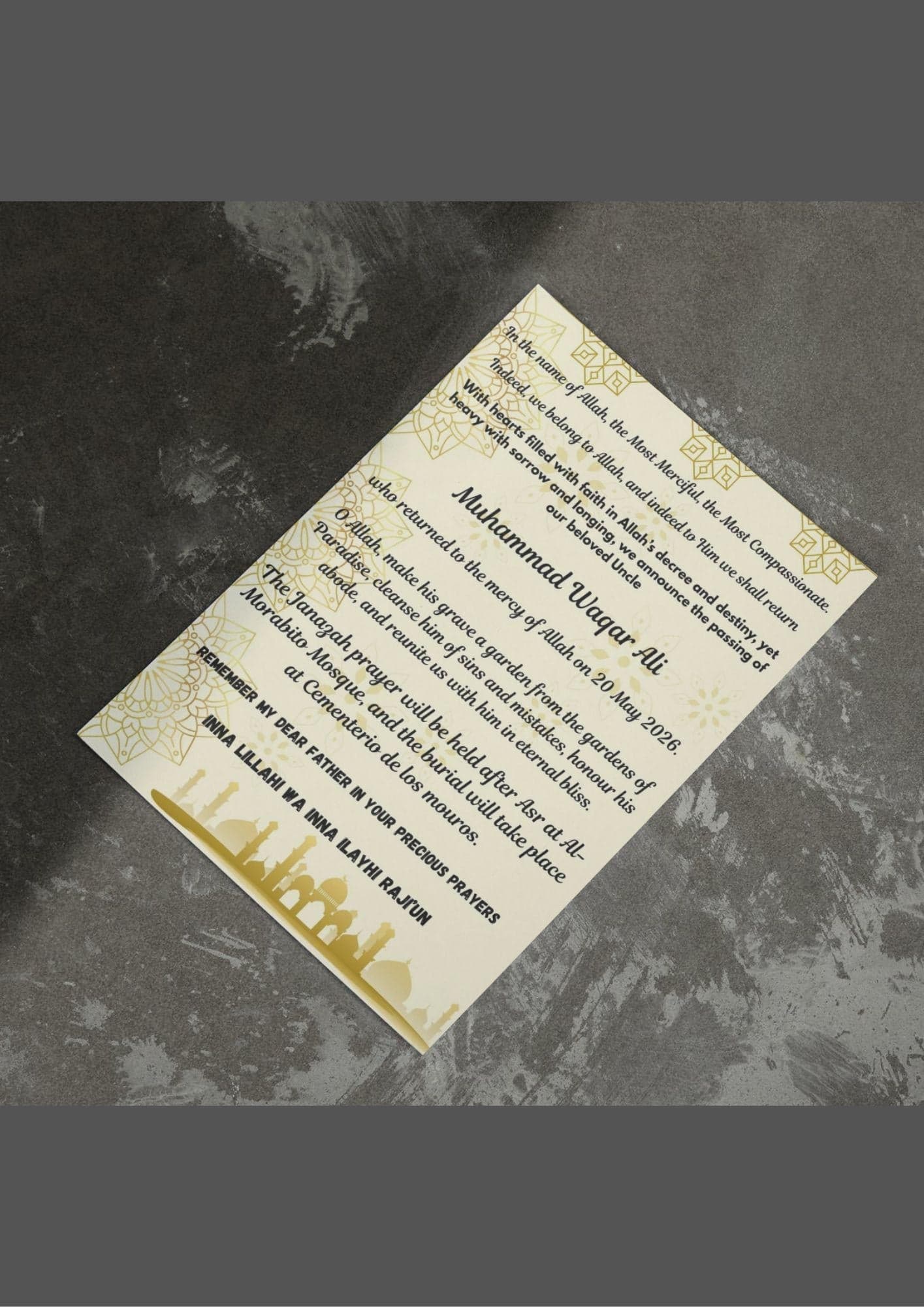 Inna Lillahi — Muslim Memorial Card Template | Namaz e Janazah | Printable & Digital  | Canva Editable Card