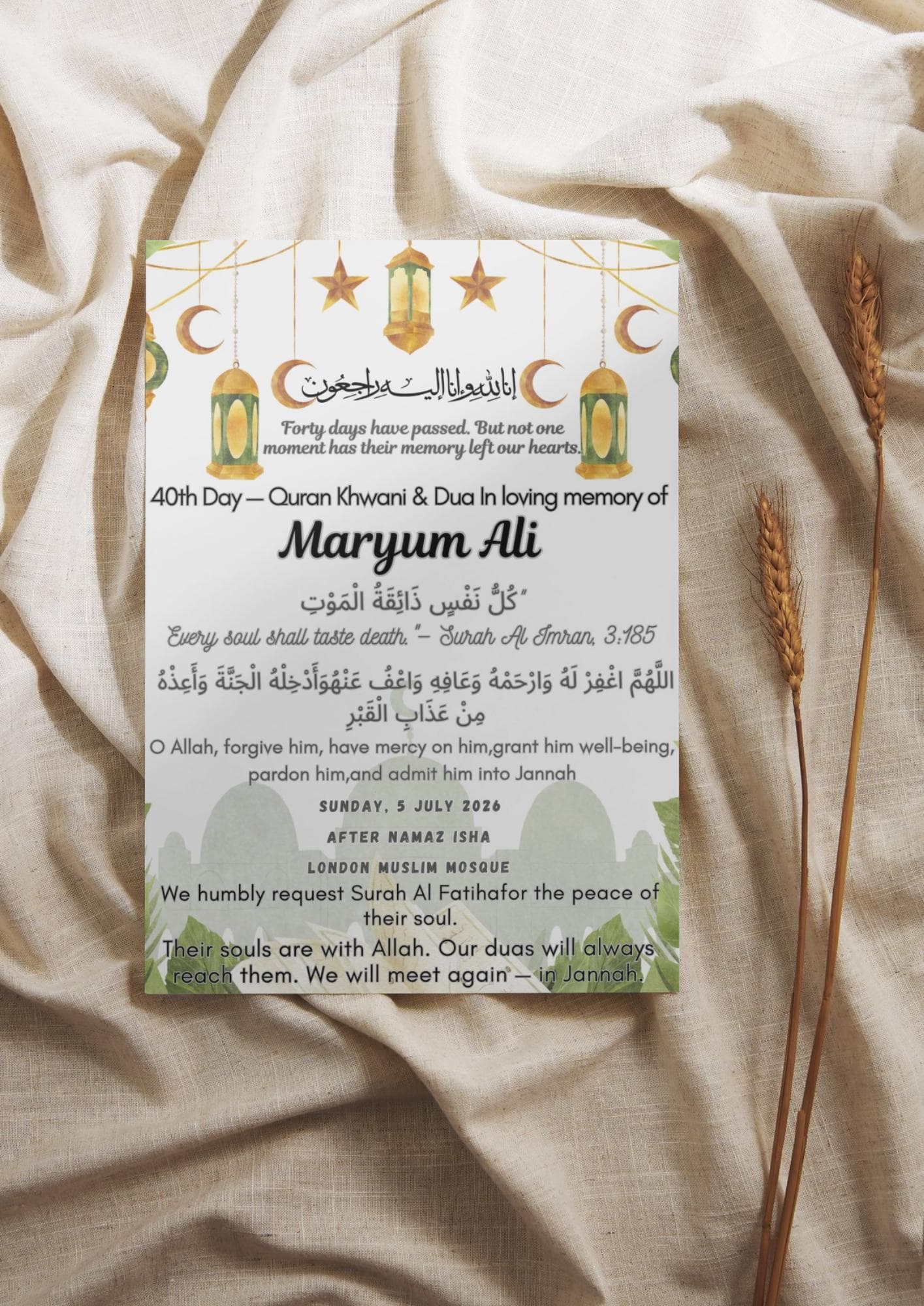 40th Day Chaliswan Invitation Card – Islamic Dua Template (Digital Download) - image 3