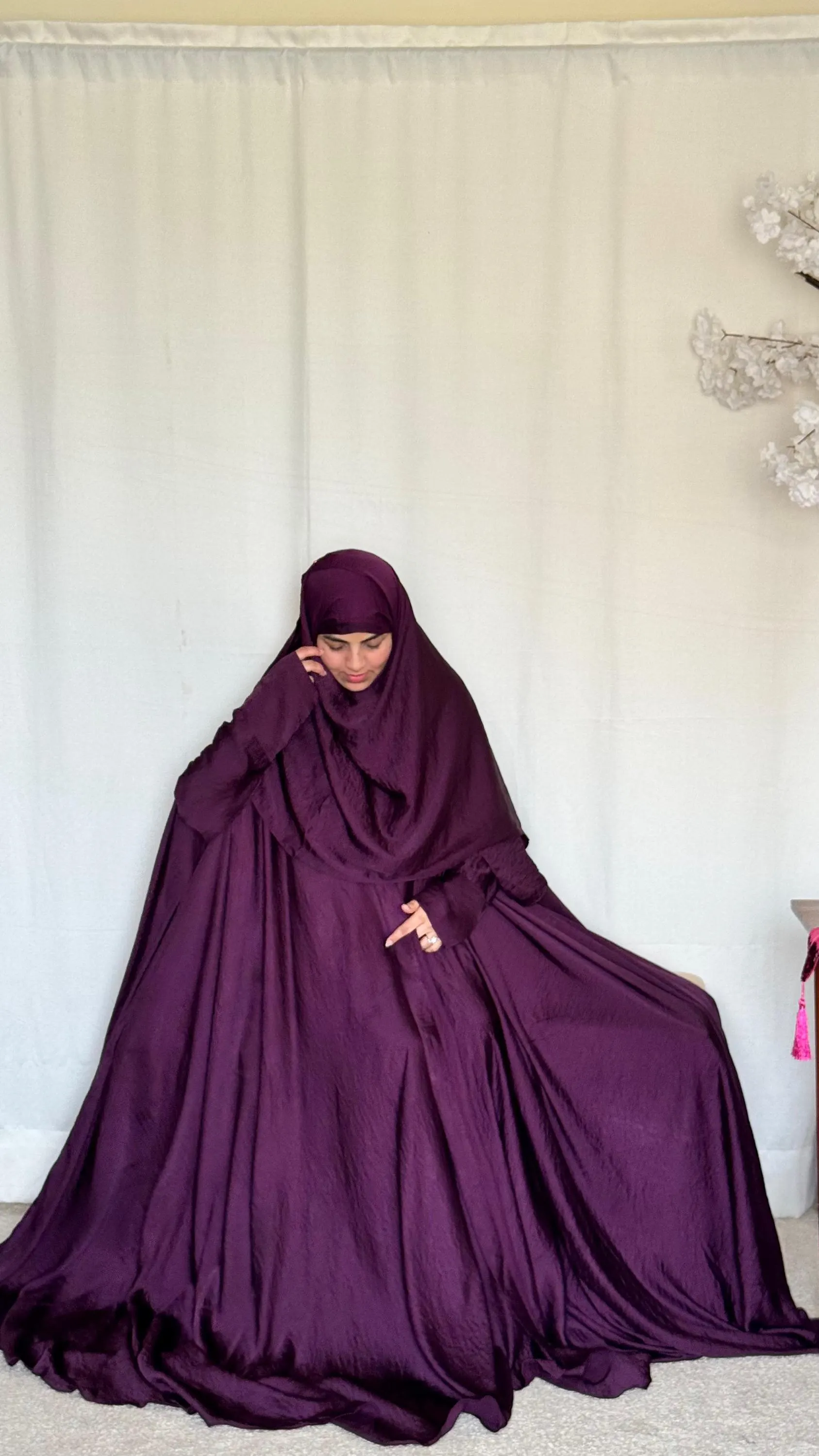 Purple Korean Silk Abaya Gown: 4-Piece Muslim Women's Modest Dress