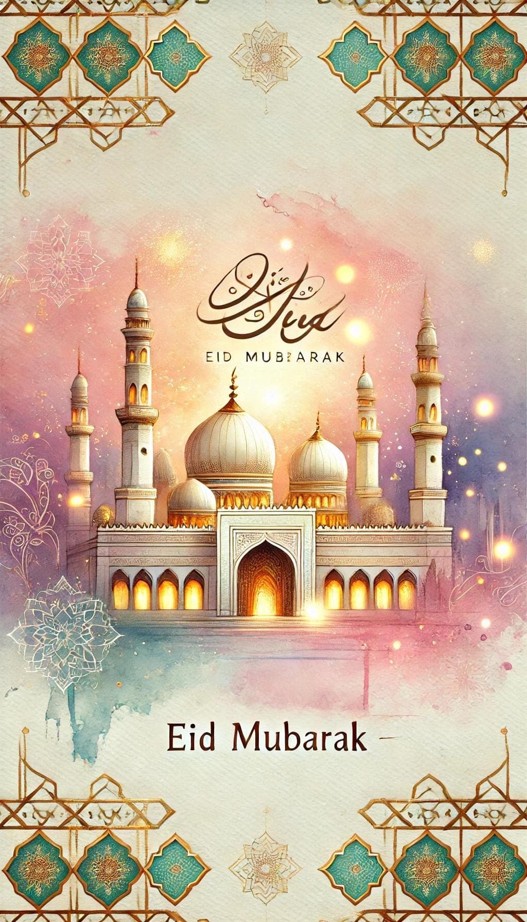 Celebrate Eid with this beautifully designed watercolor Eid card featuring a serene mosque with glowing lights. - image 5