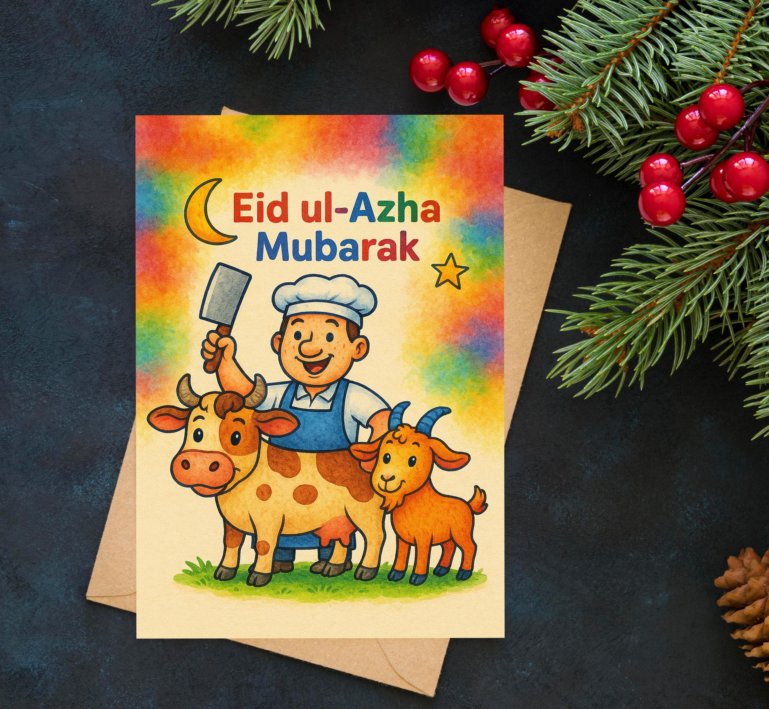 Eid ul-Azha Card– Funny Watercolor Butcher Design - image 3