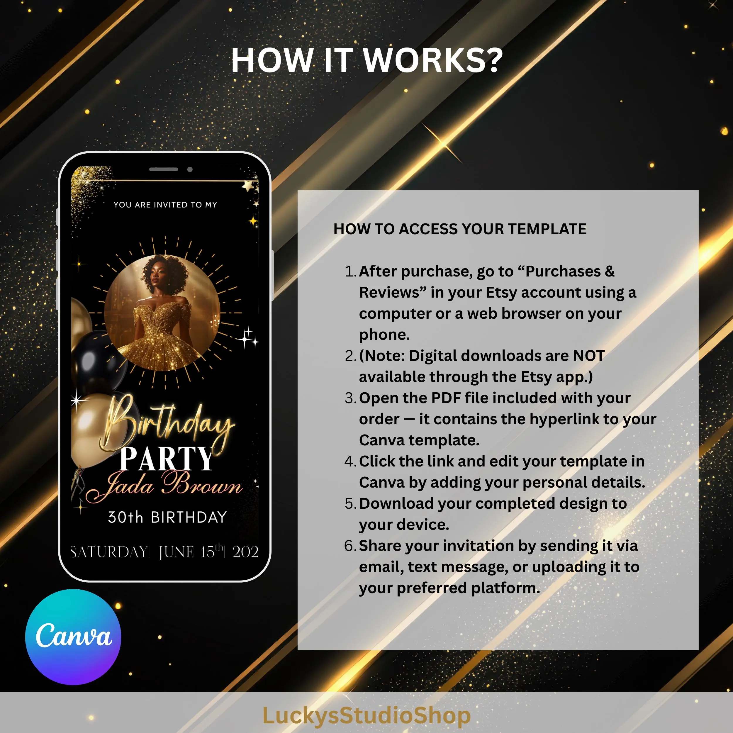 Black and Gold Birthday Dinner Video Invitation, Editable Canva Template (Digital Download) - image 3