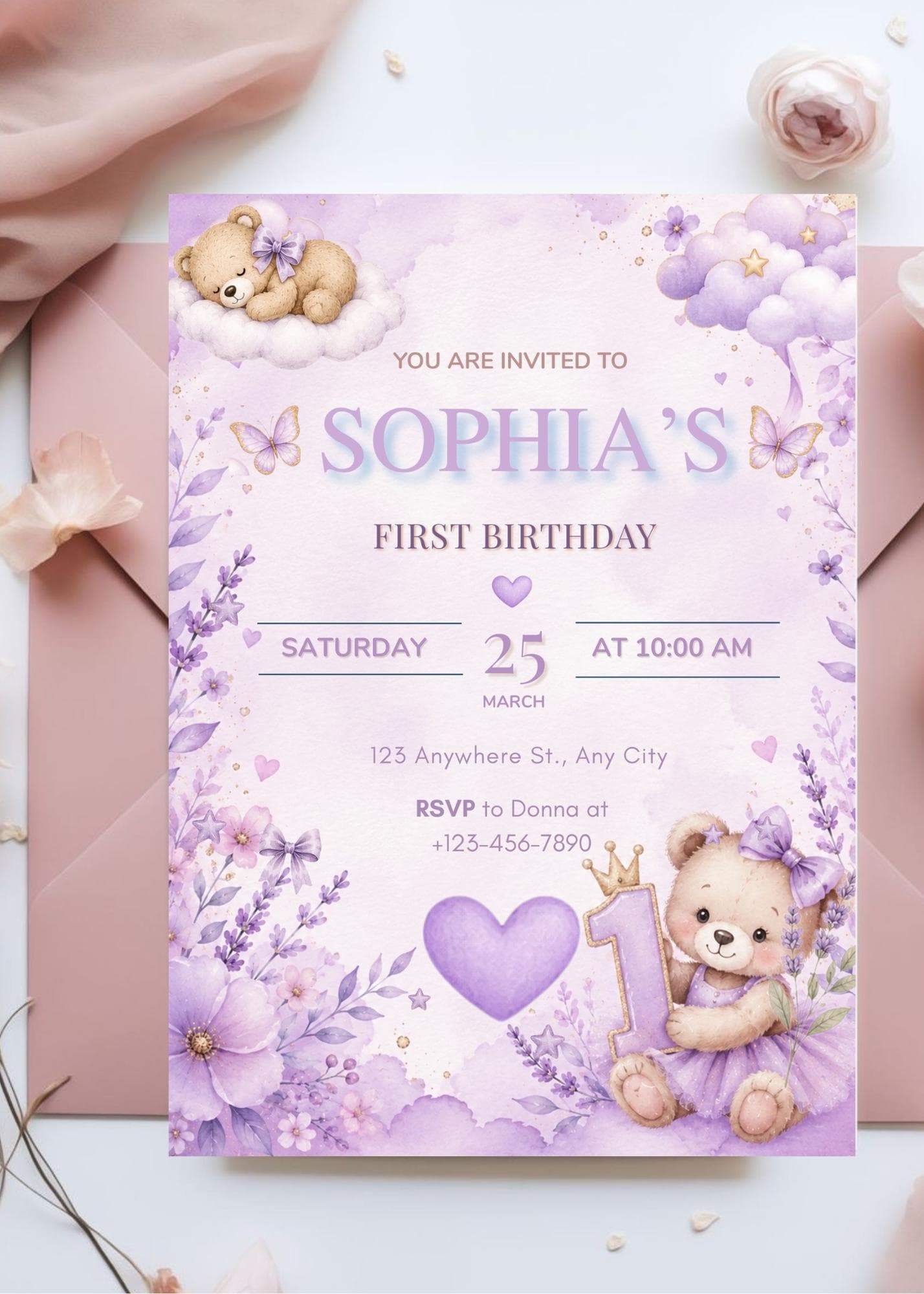 Lavender Baby First Birthday Invitation: Editable Invitation (Digital Download, Canva Template) - image 4