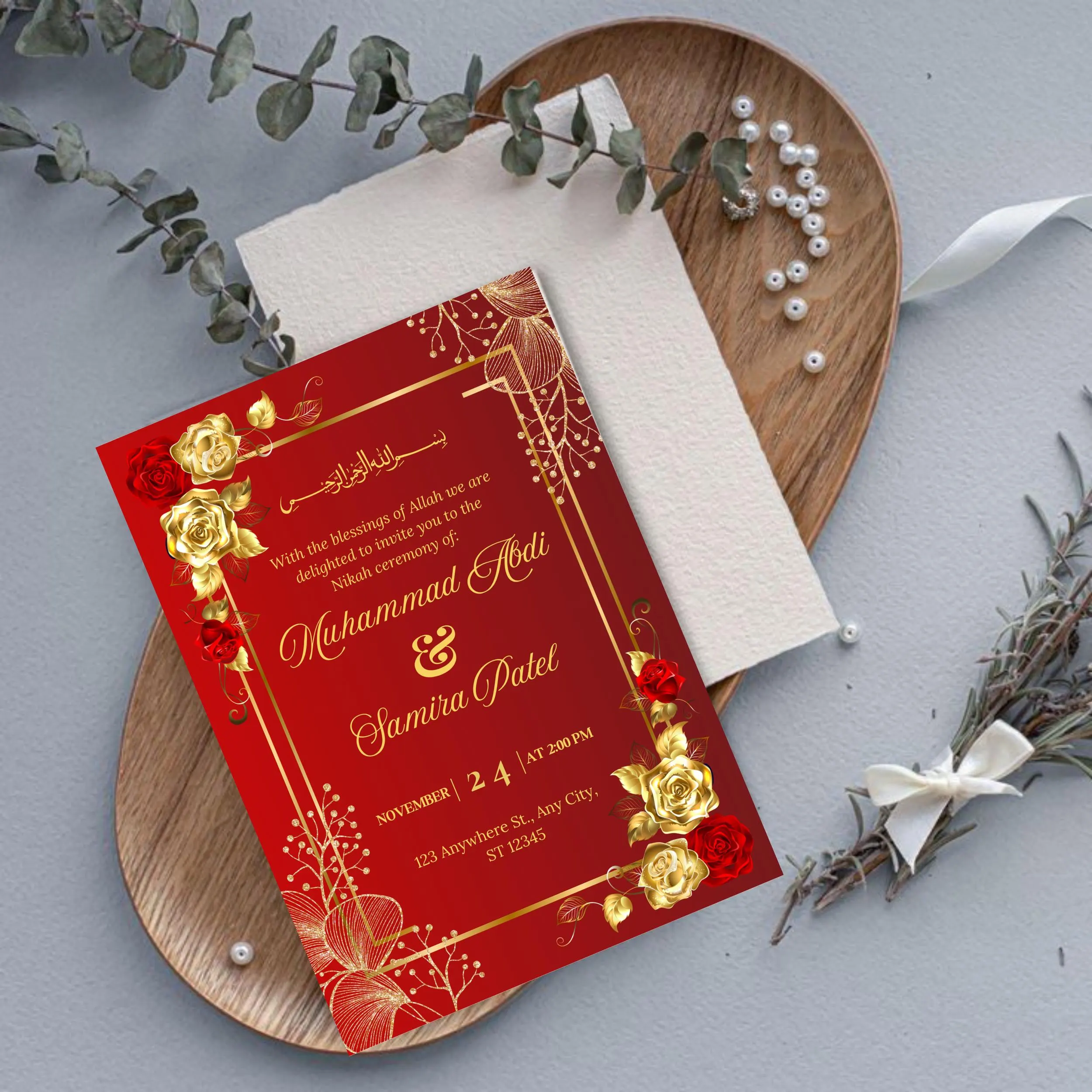Elegant Red and Gold Muslim Wedding Invitation Template (Digital Download) - image 5
