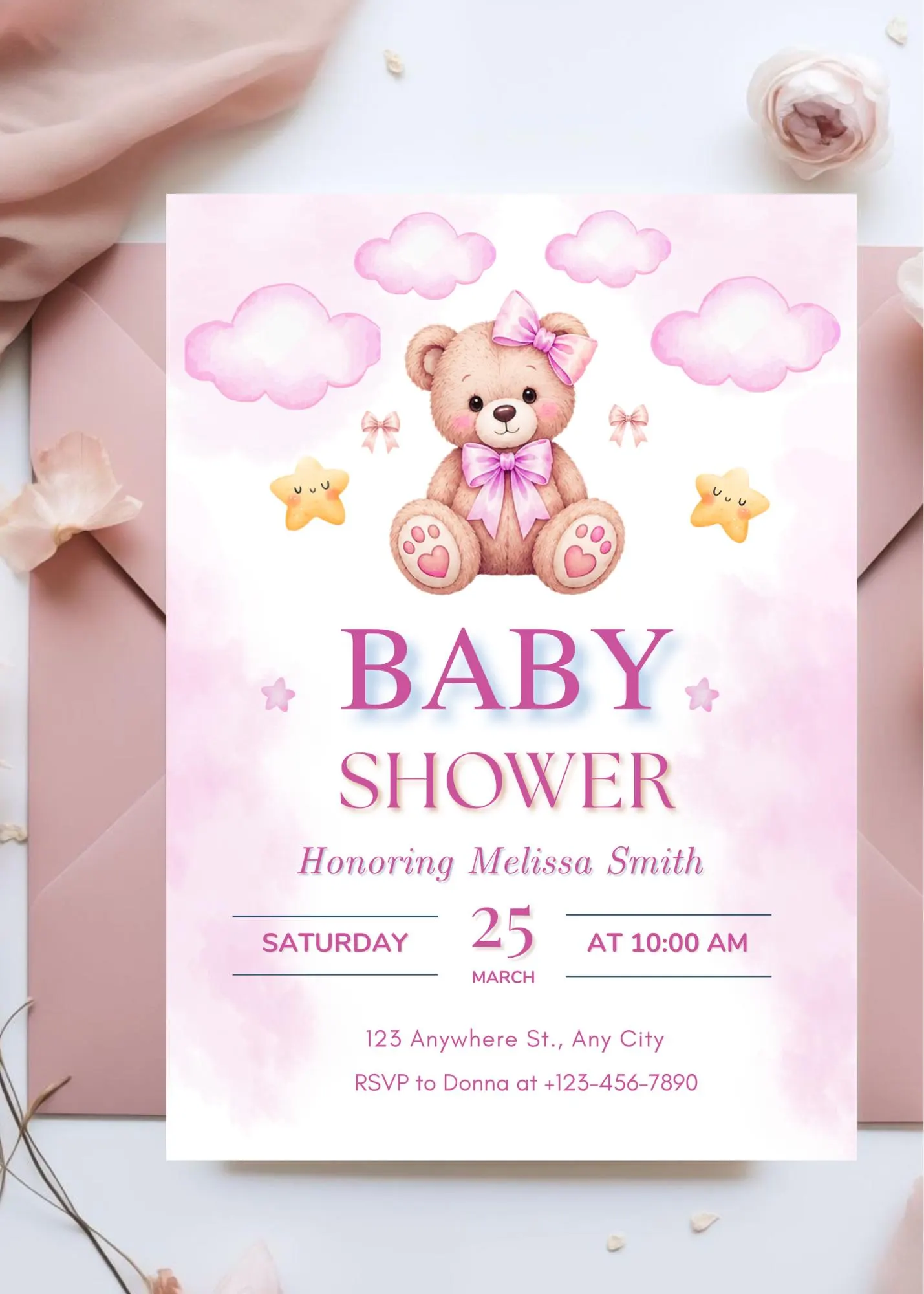 Pink Clouds and Teddy Bear Baby Shower Invitation: Editable Invitation (Digital Download, Canva Template) - image 3