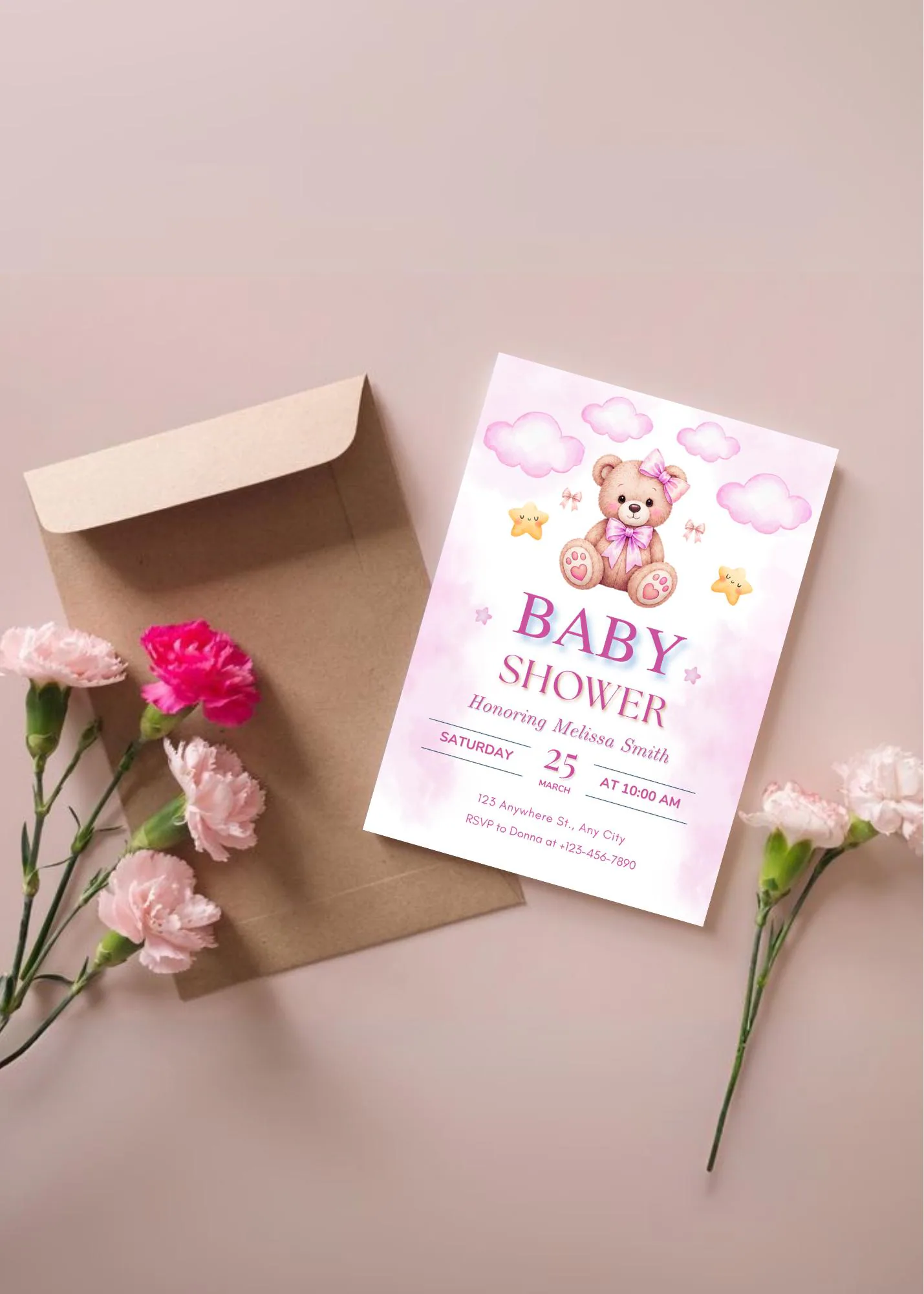 Pink Clouds and Teddy Bear Baby Shower Invitation: Editable Invitation (Digital Download, Canva Template) - image 4