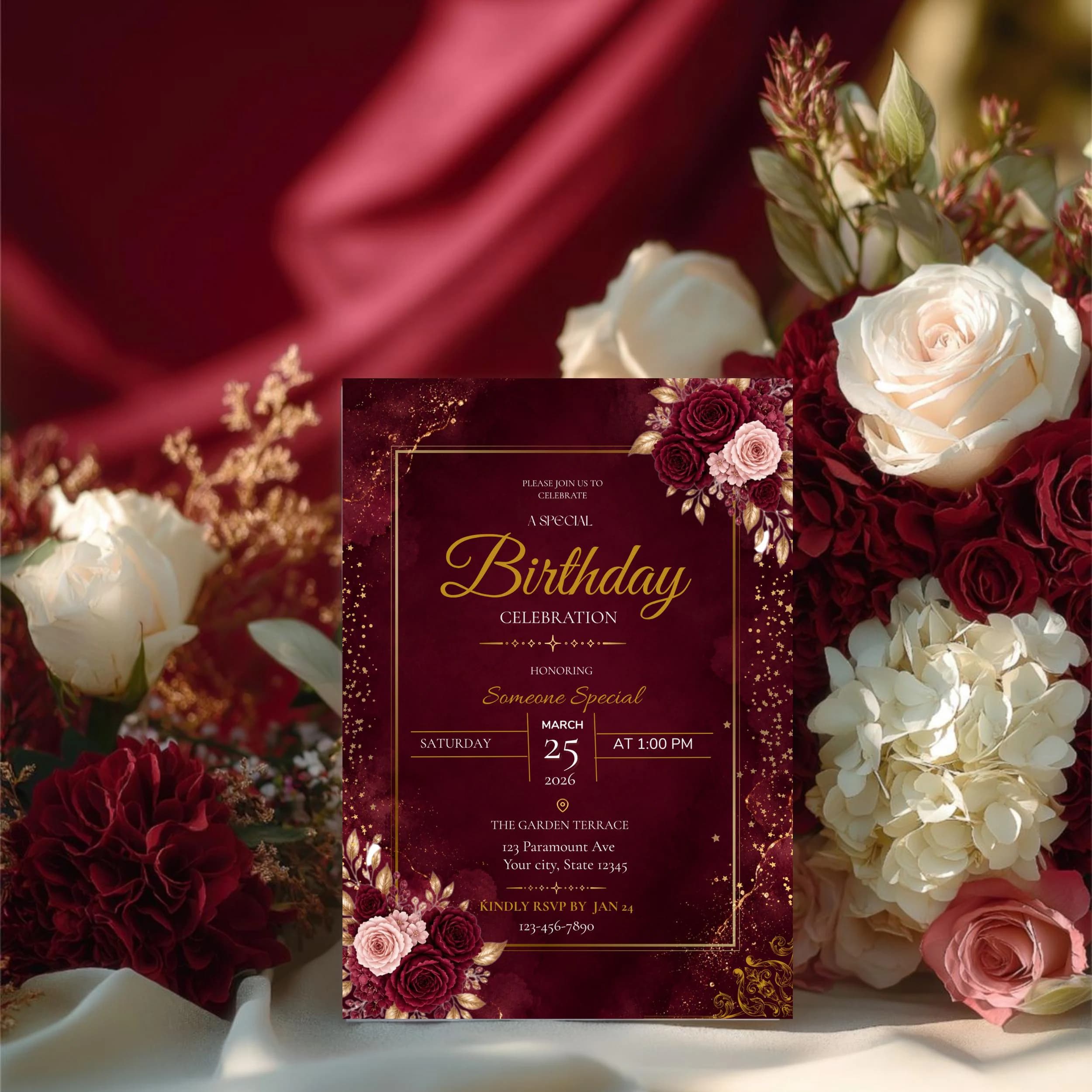 Burgundy and Gold Floral Birthday Invitation : Editable Invitation (Digital Download, Canva Template) - image 4
